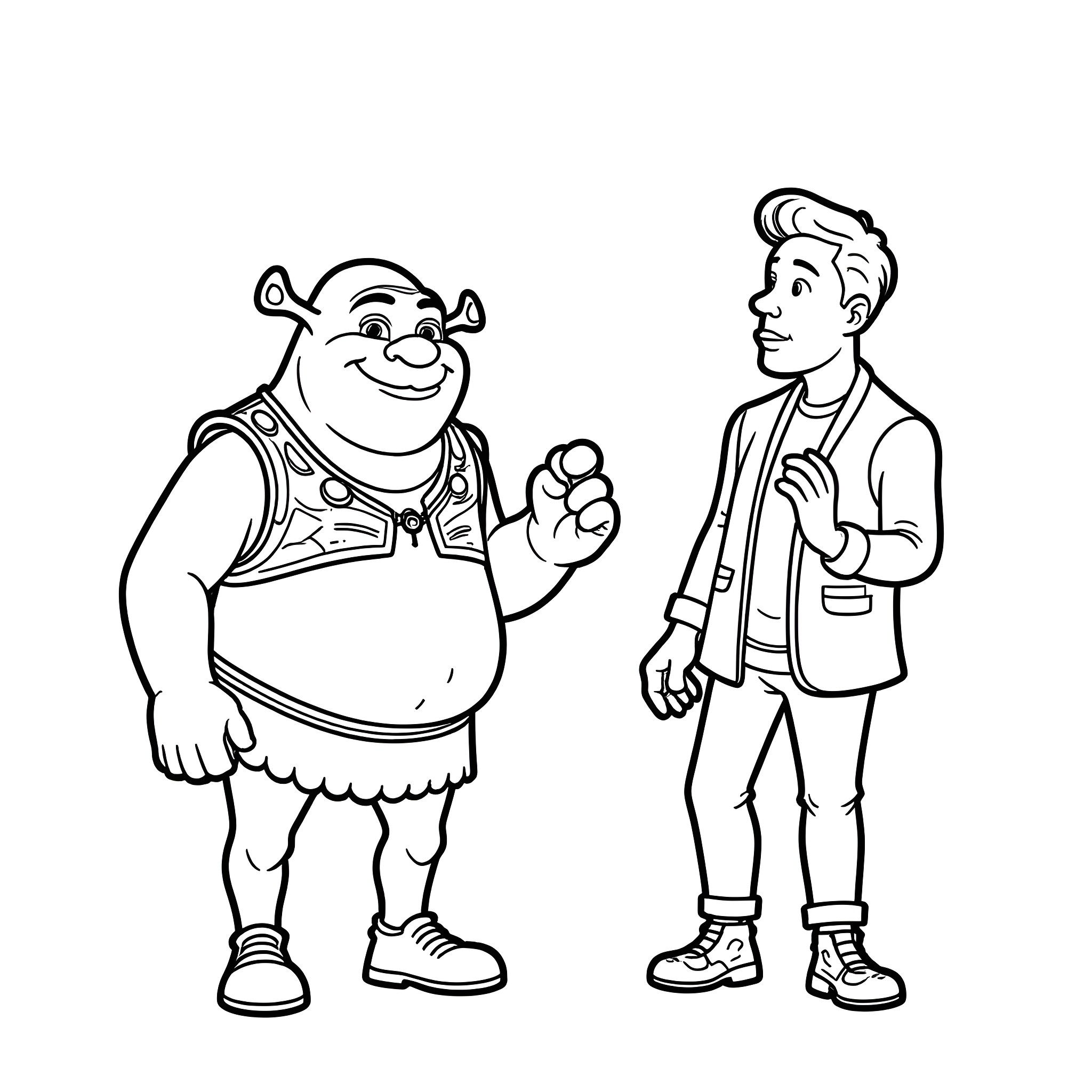 Shrek and companion character in black and white line art Coloring Page (free black-and-white line drawing printable PDF for all, from beginners to advanced learners, including children, teens, adults, and seniors)