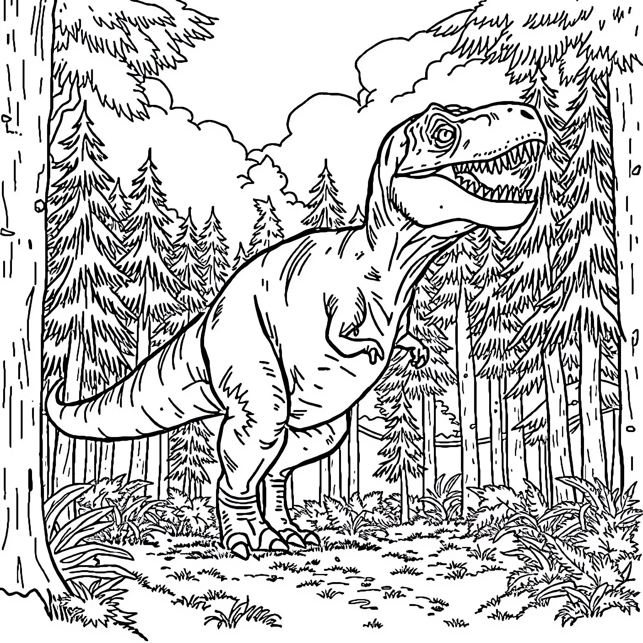 Dinosaur roaming through lush forest landscape Coloring Page (free black-and-white line drawing printable PDF for all, from beginners to advanced learners, including children, teens, adults, and seniors)