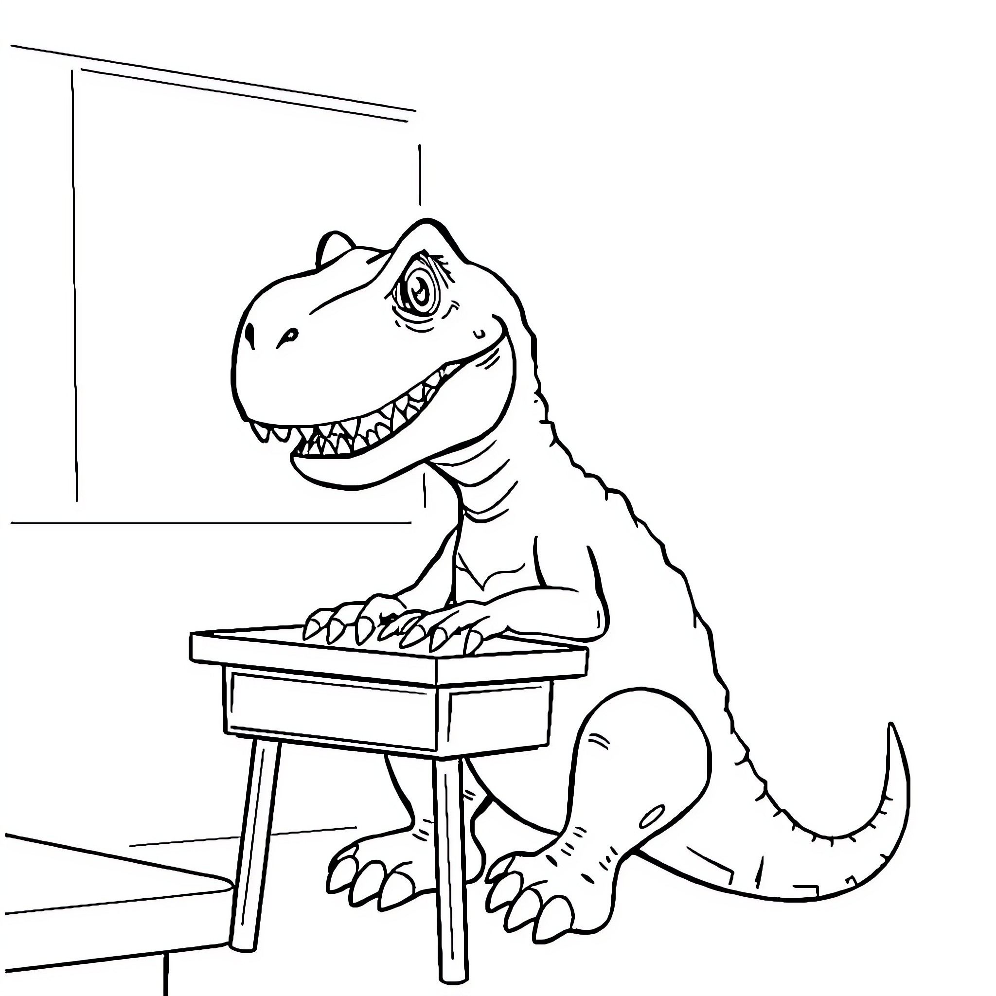 Tyrannosaurus typing on a computer Coloring Page (free black-and-white line drawing printable PDF for all, from beginners to advanced learners, including children, teens, adults, and seniors)