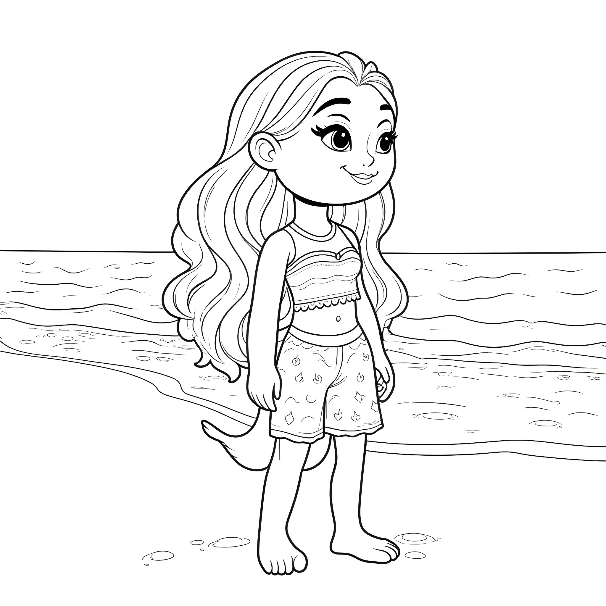 Moana enjoying the beach in her swimsuit Coloring Page (free black-and-white line drawing printable PDF for all, from beginners to advanced learners, including children, teens, adults, and seniors)