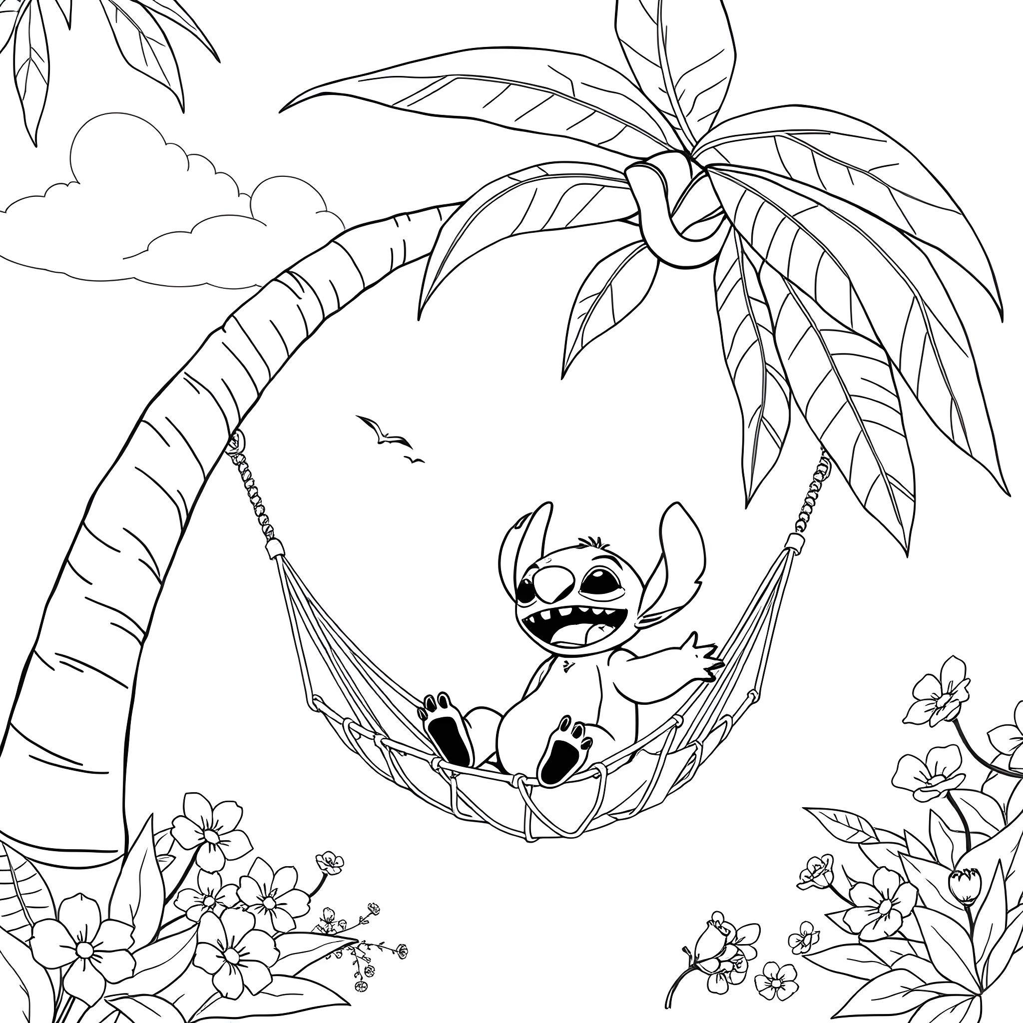 Lilo And Stitch relaxing on a hammock under a palm tree Coloring Page (free black-and-white line drawing printable PDF for all, from beginners to advanced learners, including children, teens, adults, and seniors)