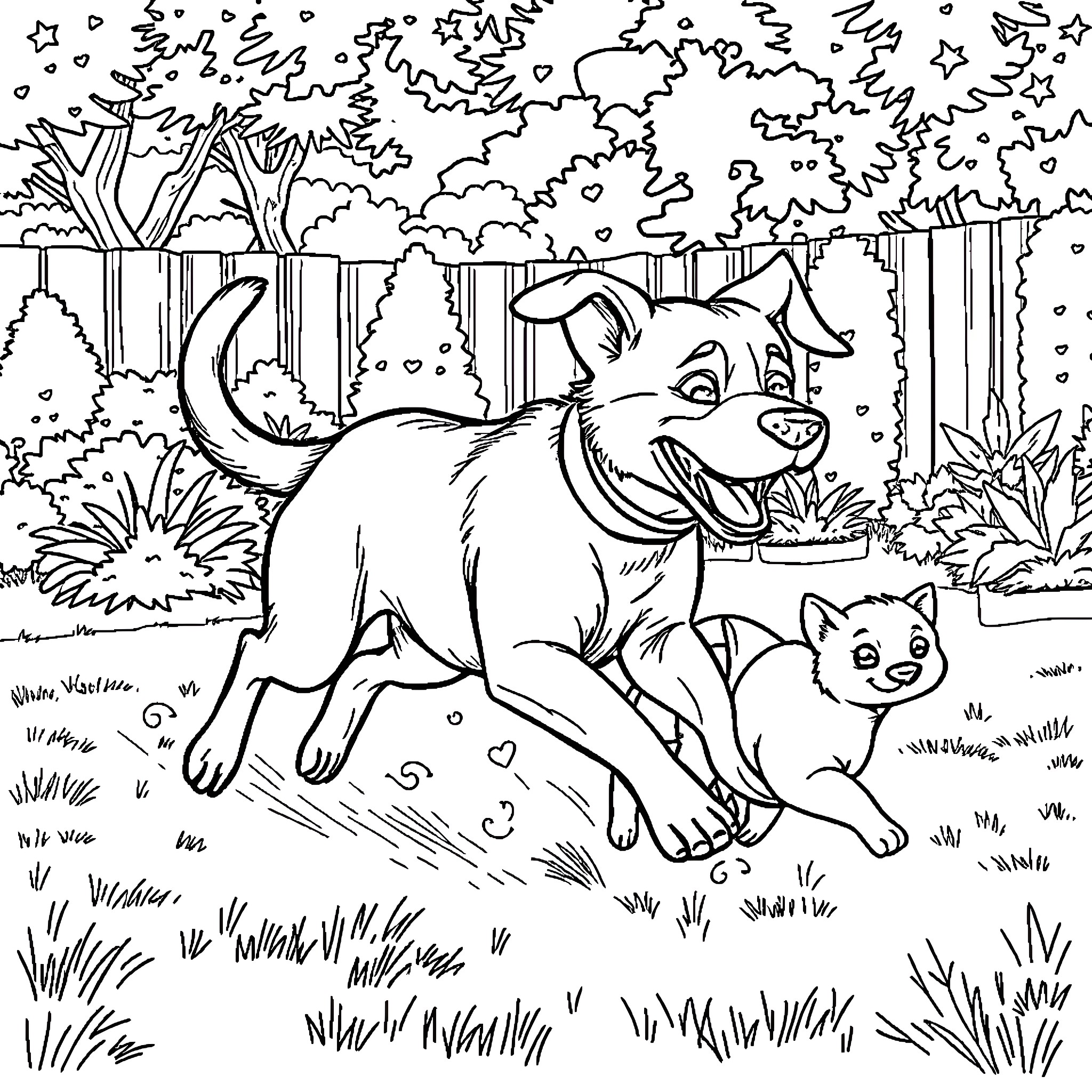 Dog and kitten exploring the forest Coloring Page (free black-and-white line drawing printable PDF for all, from beginners to advanced learners, including children, teens, adults, and seniors)