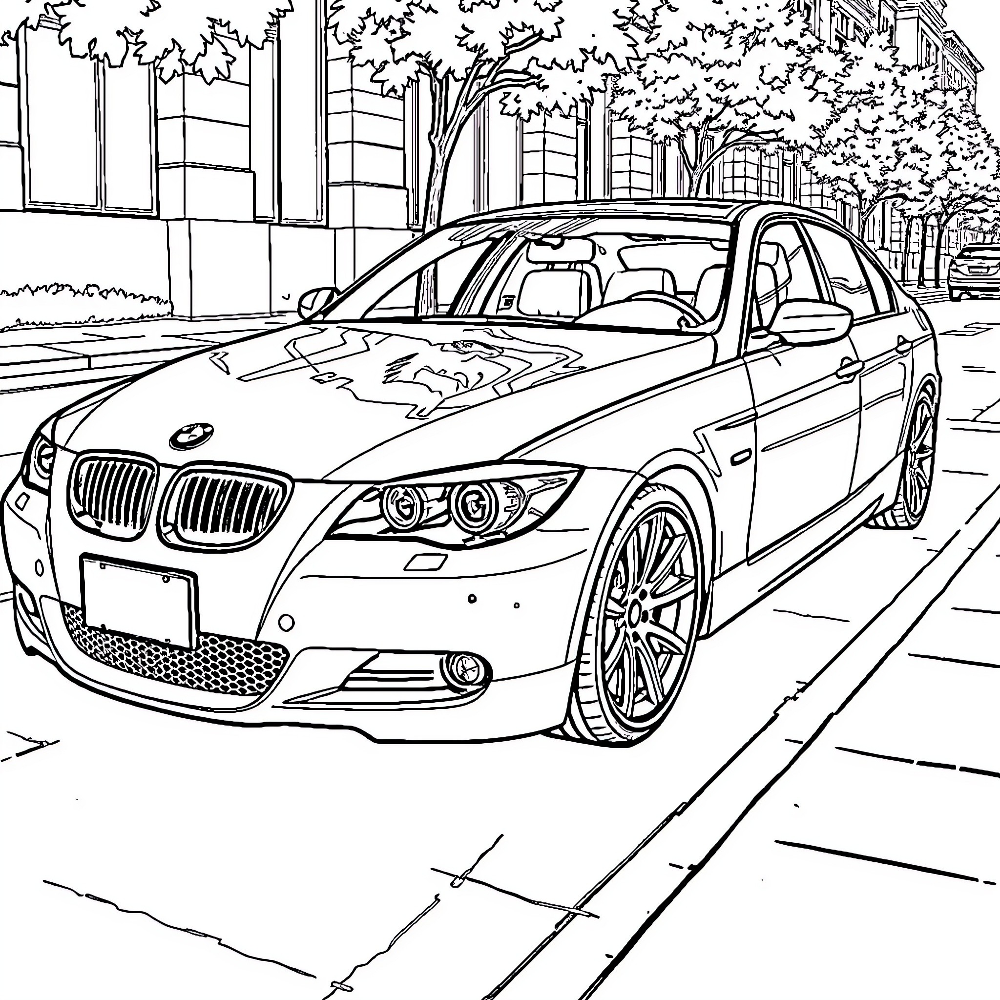 BMW sedan parked on urban street Coloring Page (free black-and-white line drawing printable PDF for all, from beginners to advanced learners, including children, teens, adults, and seniors)