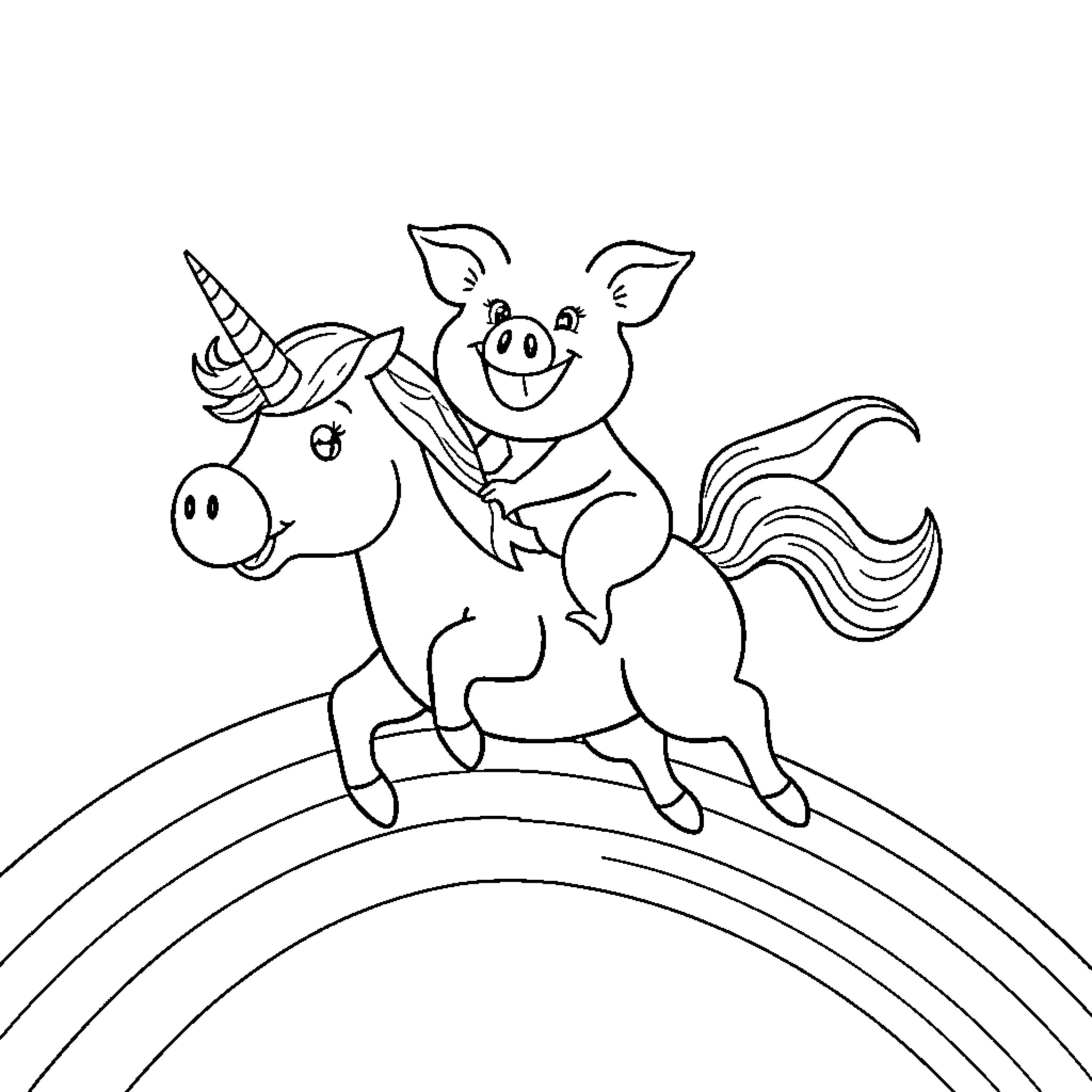 Pig riding a whimsical unicorn over a rainbow Coloring Page (free black-and-white line drawing printable PDF for all, from beginners to advanced learners, including children, teens, adults, and seniors)