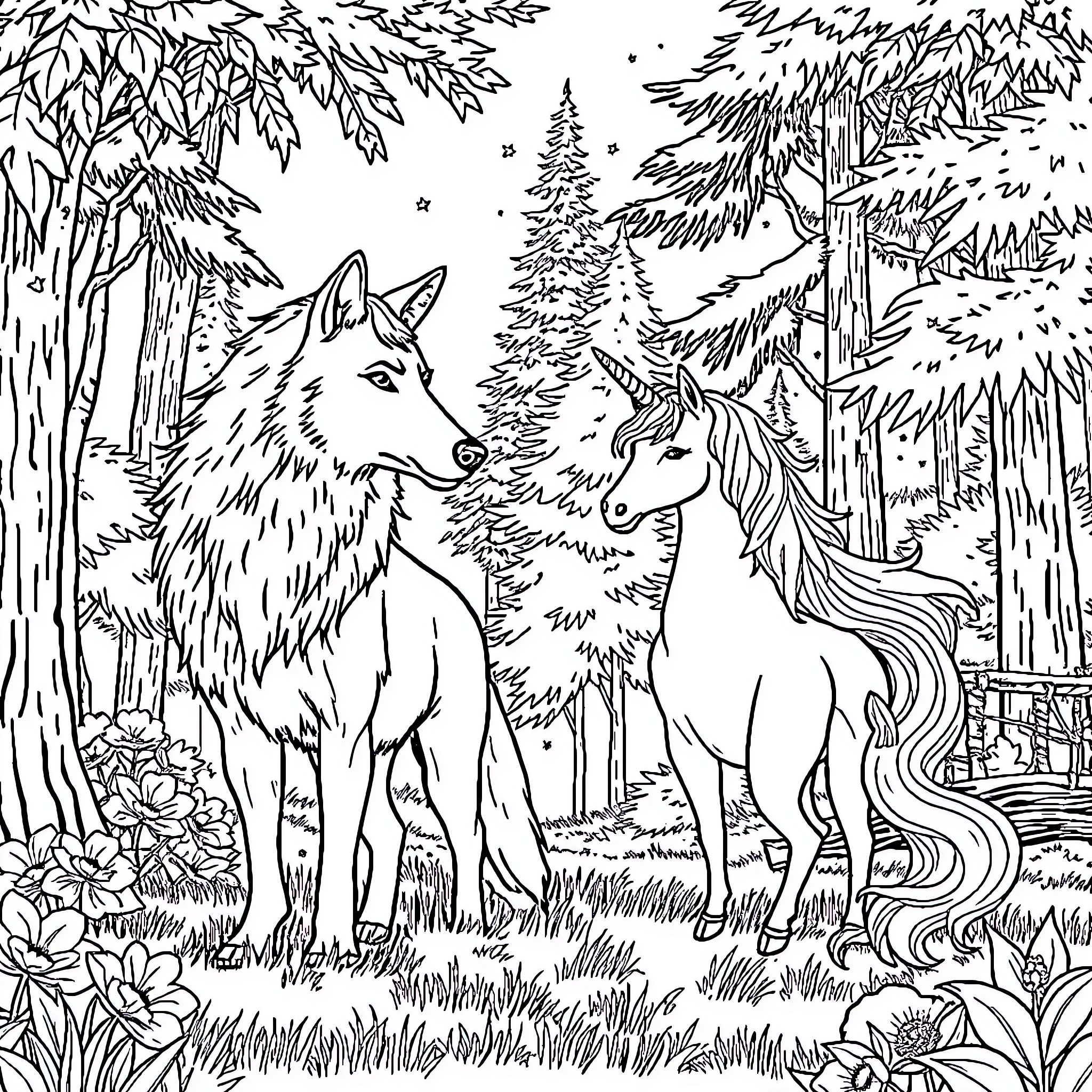 Wolf Encounter in the Enchanted Forest Coloring Page (free black-and-white line drawing printable PDF for all, from beginners to advanced learners, including children, teens, adults, and seniors)