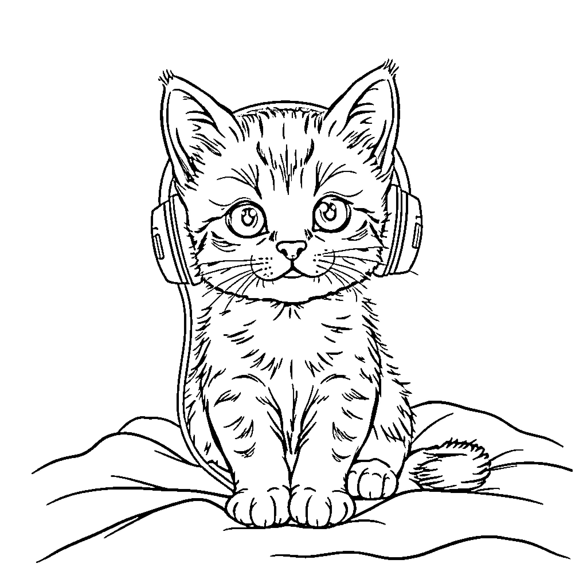 Kitten listening to music with headphones Coloring Page (free black-and-white line drawing printable PDF for all, from beginners to advanced learners, including children, teens, adults, and seniors)