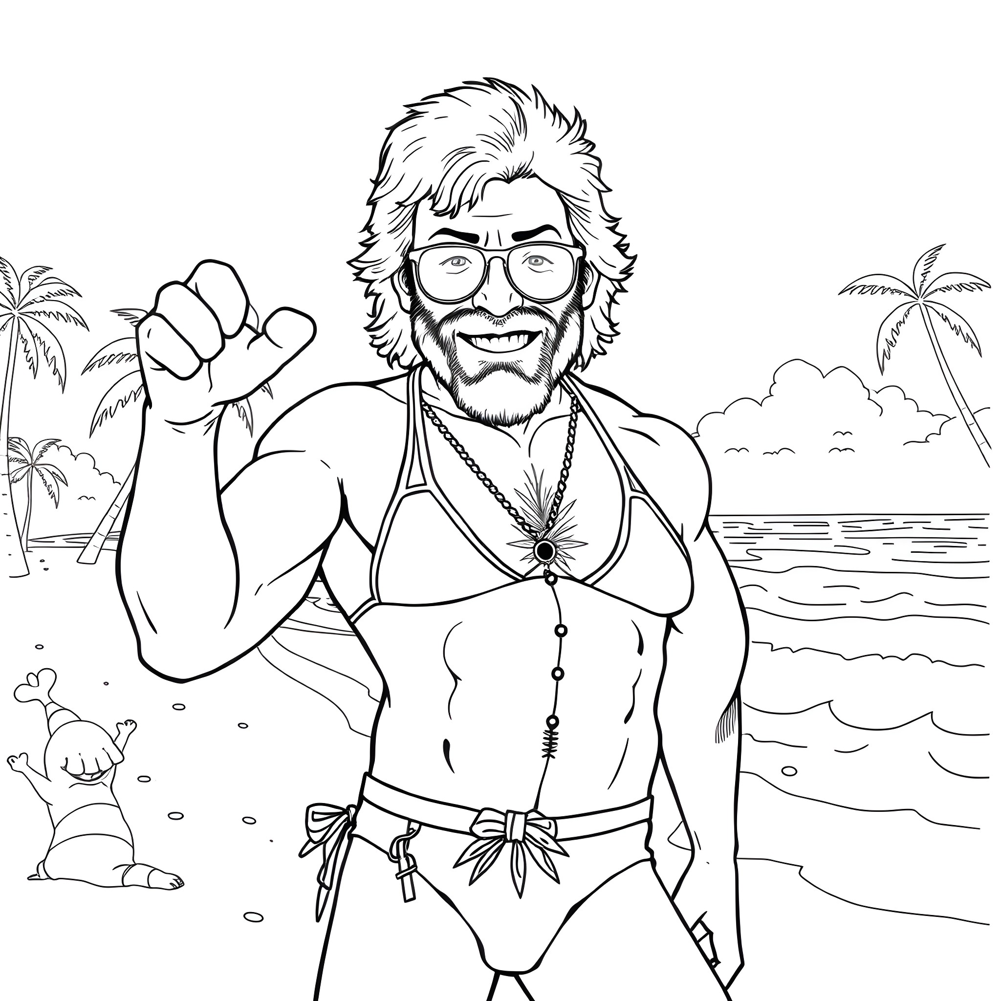 Chuck Norris' Tropical Island Adventure Coloring Page (free black-and-white line drawing printable PDF for all, from beginners to advanced learners, including children, teens, adults, and seniors)