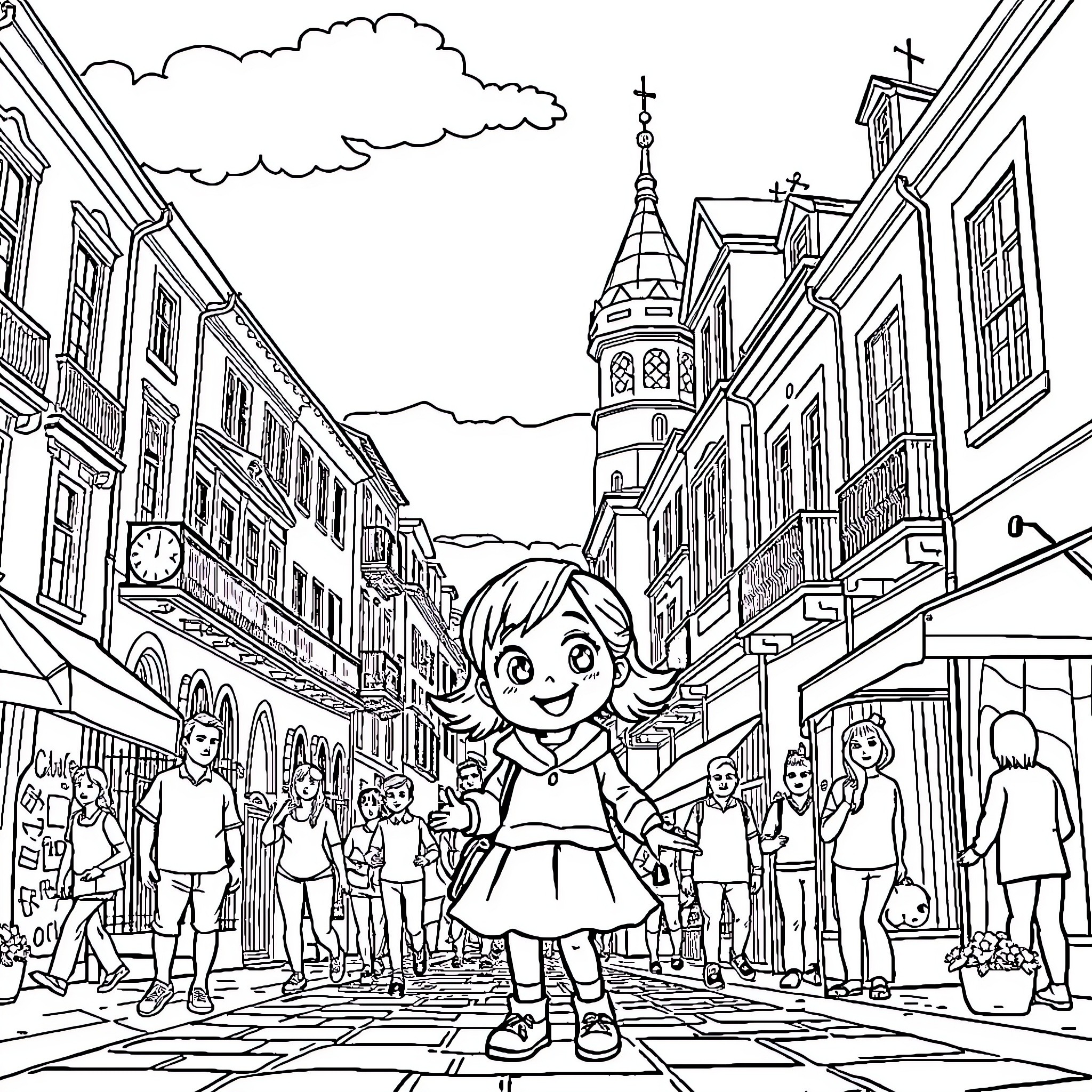 Chi Chi's Fun Day Out in the City Coloring Page (free black-and-white line drawing printable PDF for all, from beginners to advanced learners, including children, teens, adults, and seniors)