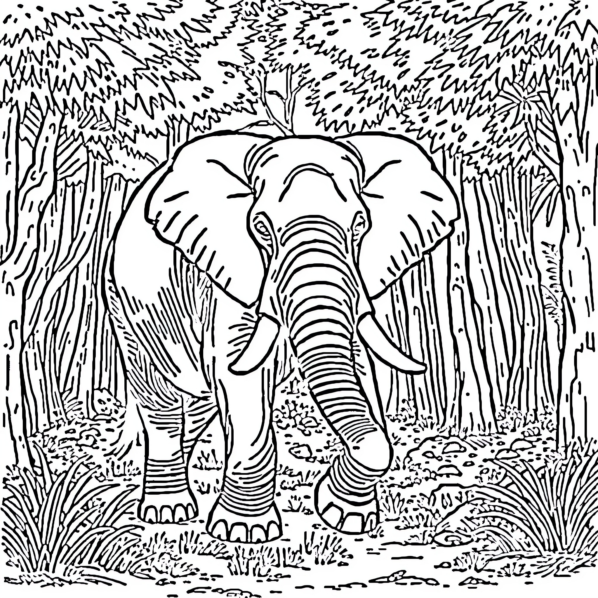 Elephant standing majestic in the forest Coloring Page (free black-and-white line drawing printable PDF for all, from beginners to advanced learners, including children, teens, adults, and seniors)