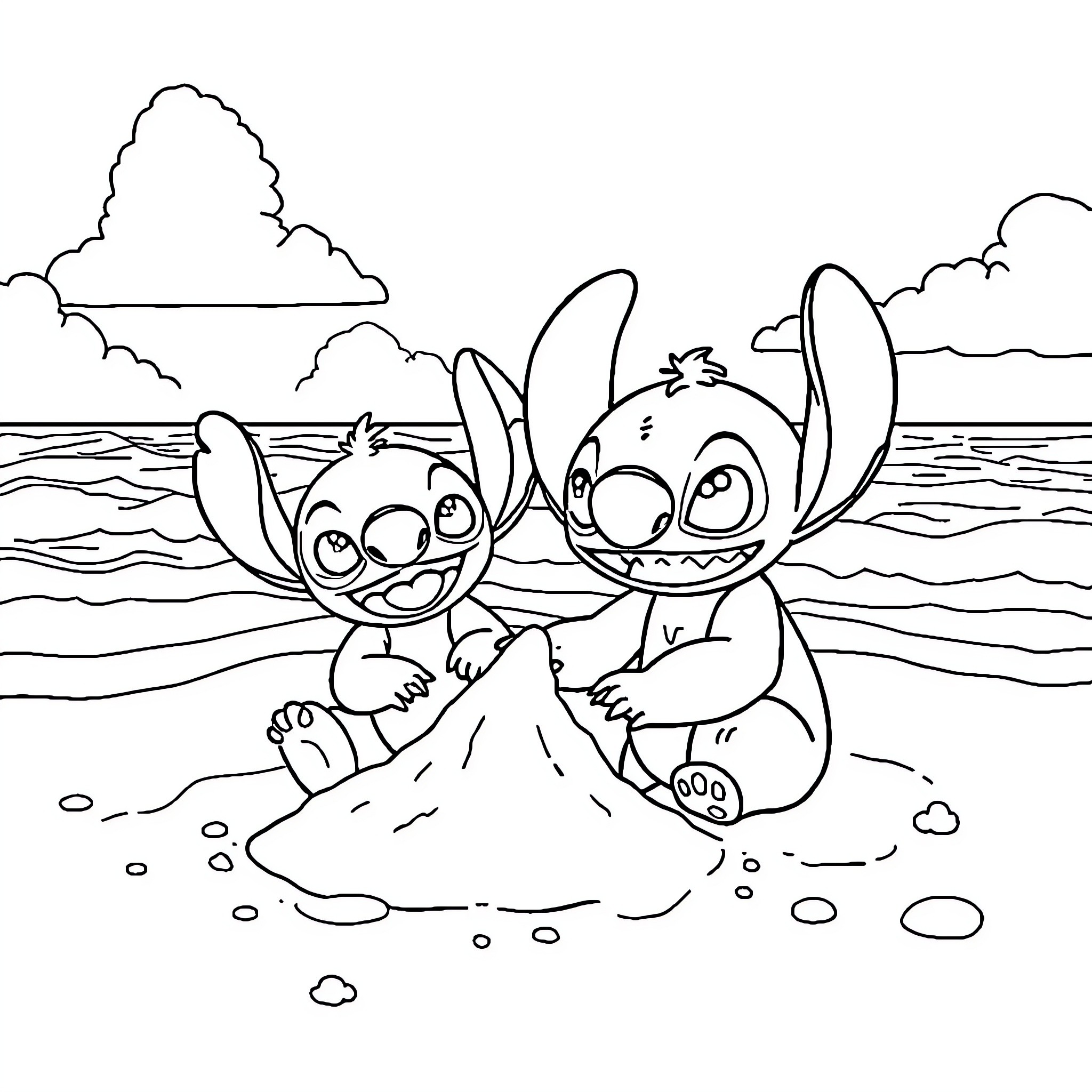 Lilo and Stitch playing happily on the beach Coloring Page (free black-and-white line drawing printable PDF for all, from beginners to advanced learners, including children, teens, adults, and seniors)