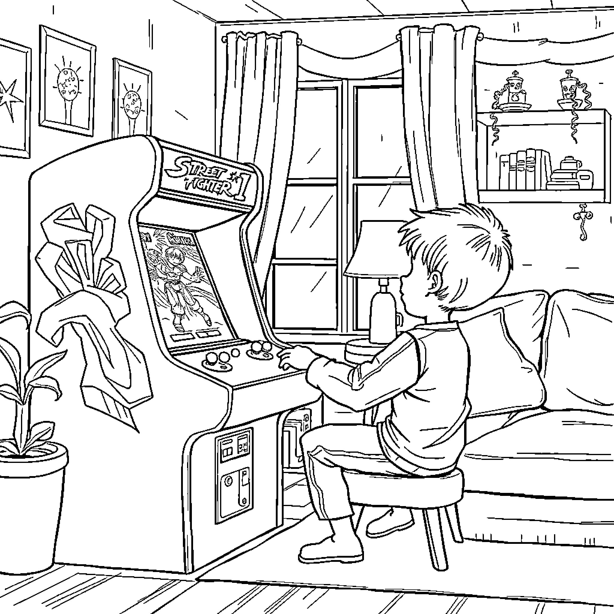 Street Fighter: Boy Plays Arcade Game in Cozy Room Coloring Page (free black-and-white line drawing printable PDF for all, from beginners to advanced learners, including children, teens, adults, and seniors)