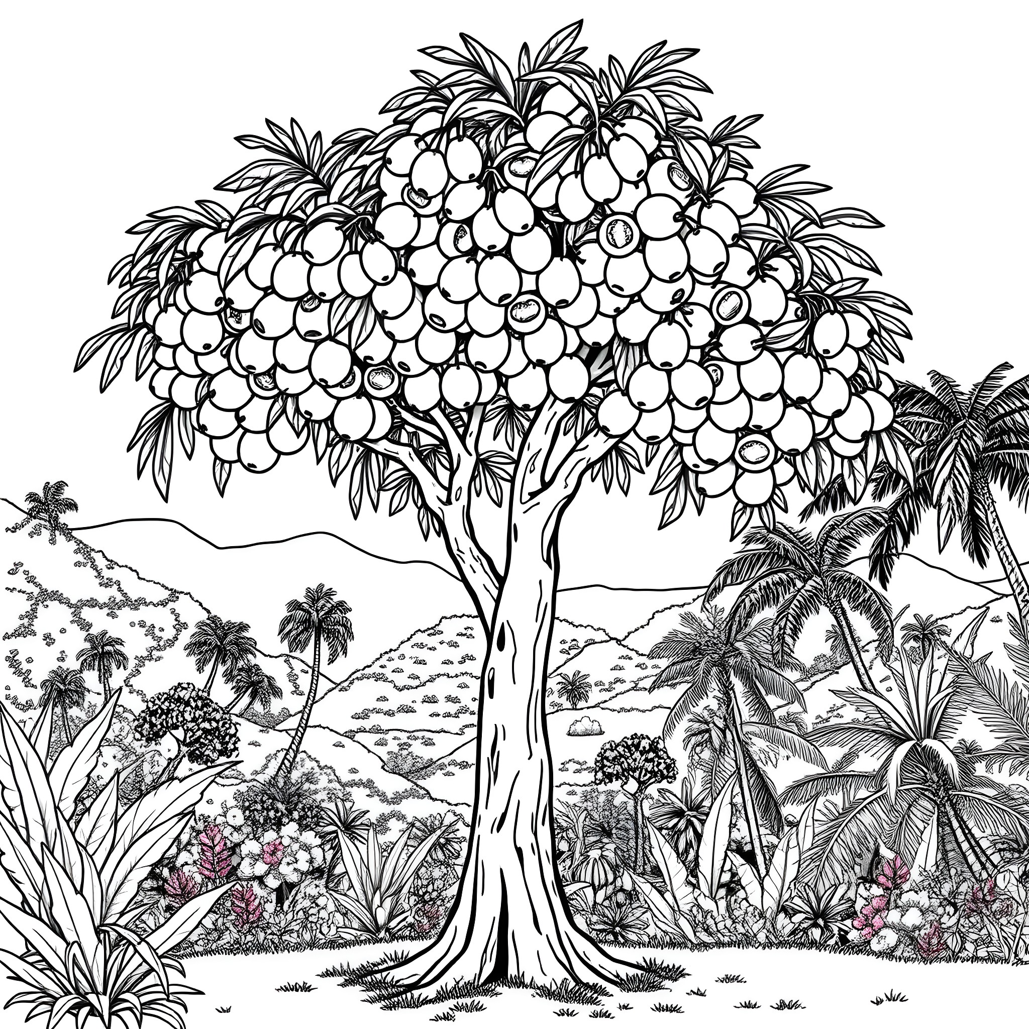 Ackee tree in tropical landscape Coloring Page (free black-and-white line drawing printable PDF for all, from beginners to advanced learners, including children, teens, adults, and seniors)