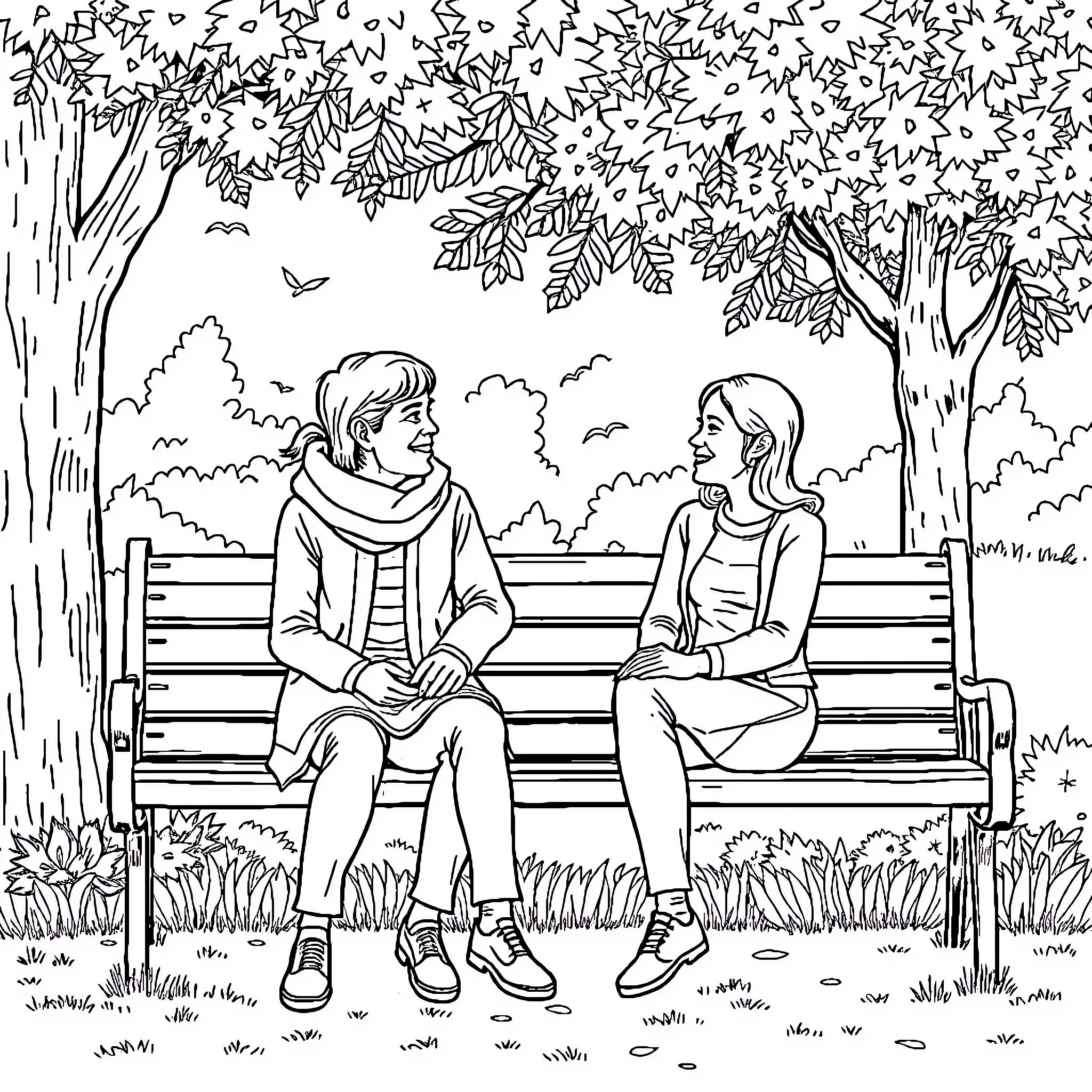 Cat couple sitting on a bench in the park Coloring Page (free black-and-white line drawing printable PDF for all, from beginners to advanced learners, including children, teens, adults, and seniors)