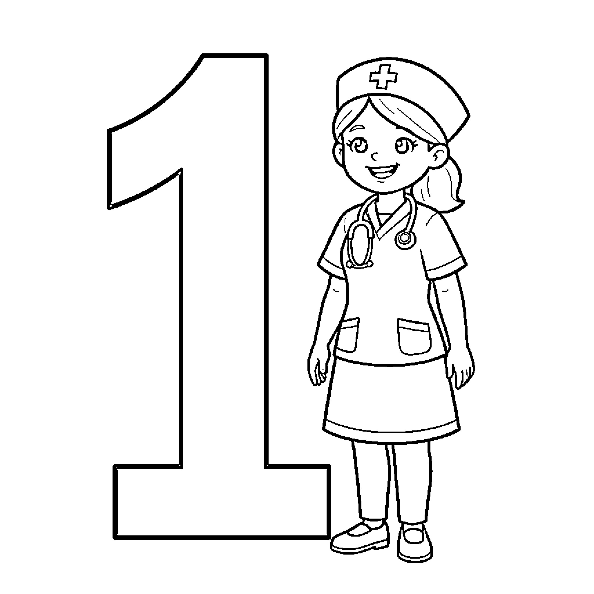 Nurse cheerfully assisting with medical care Coloring Page (free black-and-white line drawing printable PDF for all, from beginners to advanced learners, including children, teens, adults, and seniors)