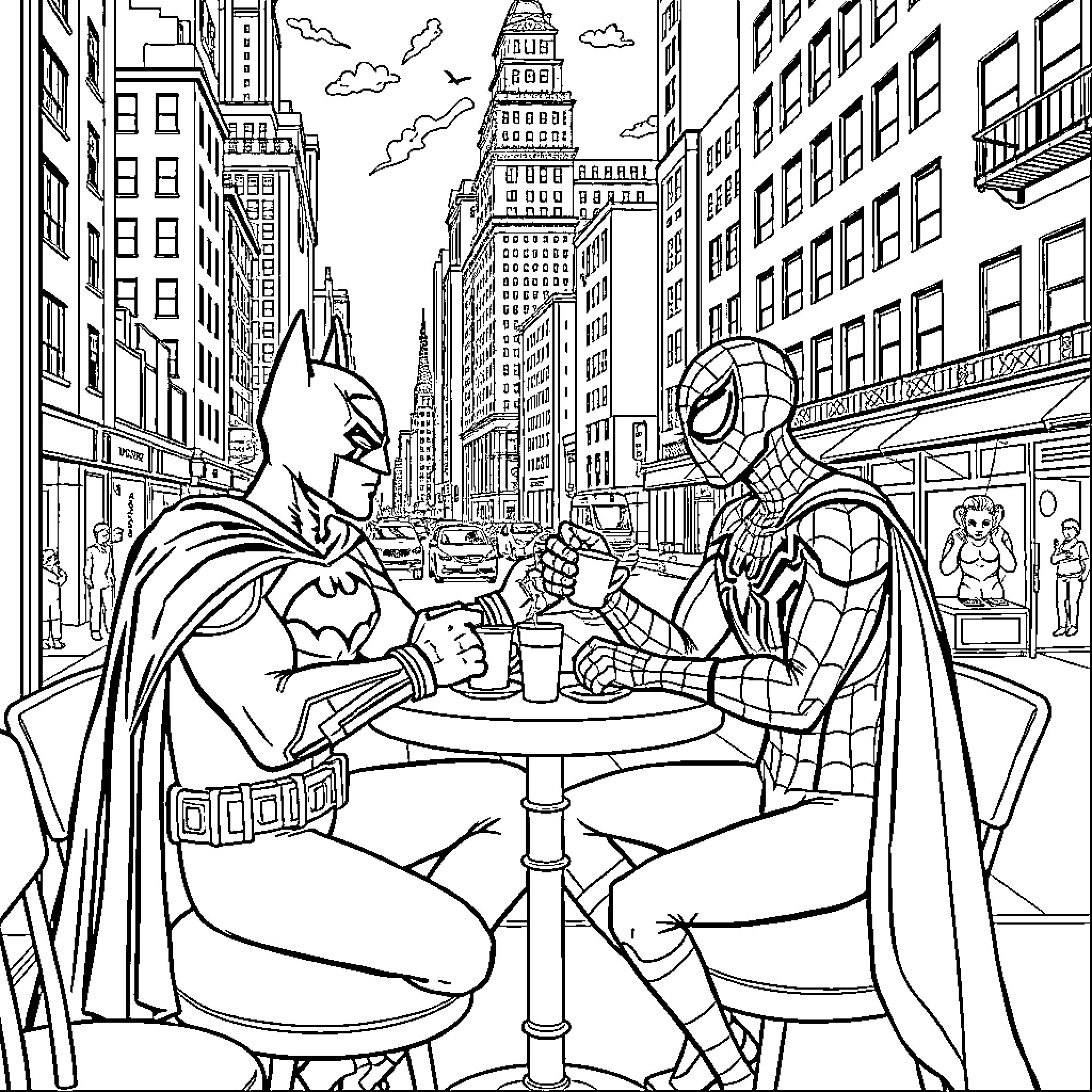 Batman and Spider-Man Enjoying a Friendly Conversation Coloring Page (free black-and-white line drawing printable PDF for all, from beginners to advanced learners, including children, teens, adults, and seniors)