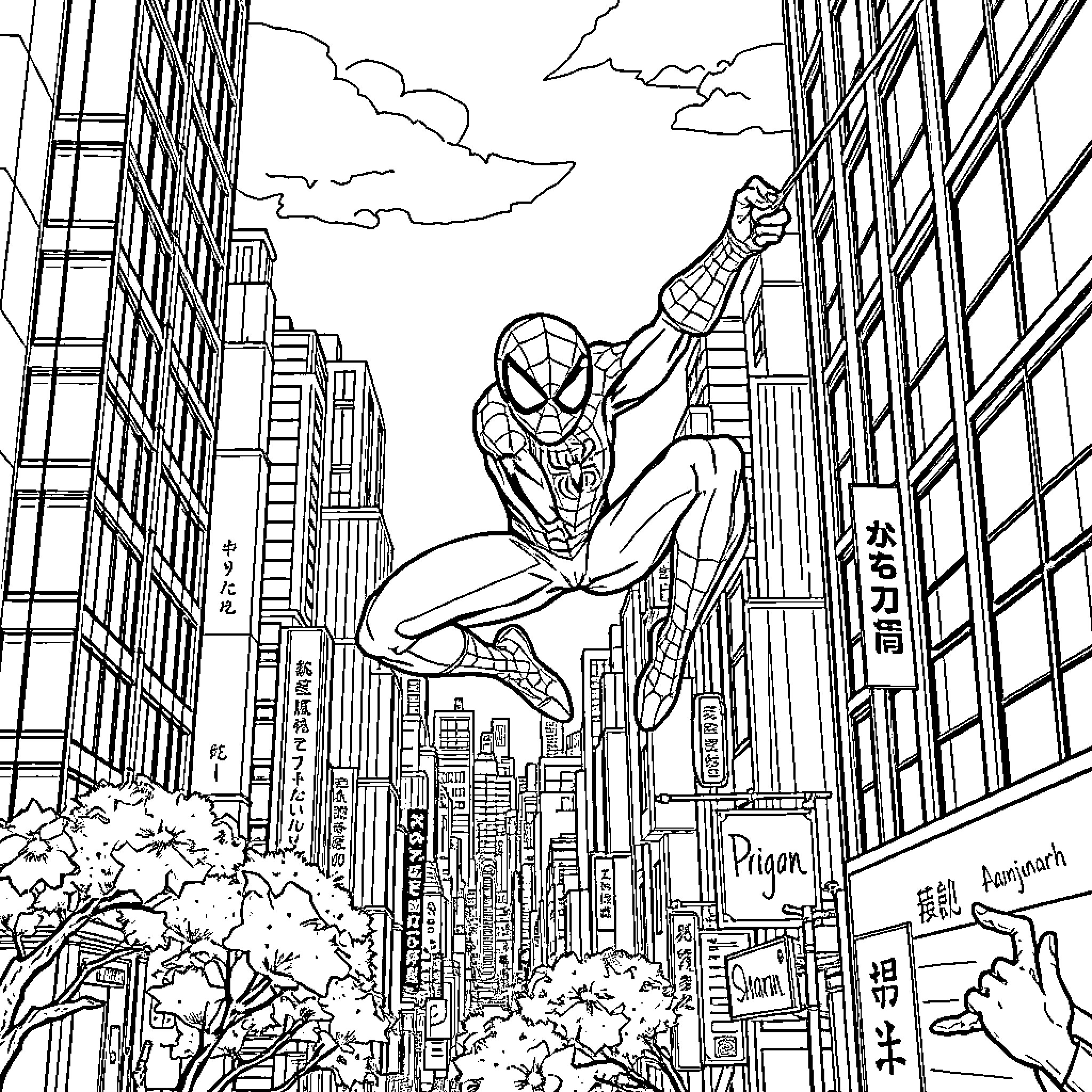 Spider hero swinging through the city Coloring Page (free black-and-white line drawing printable PDF for all, from beginners to advanced learners, including children, teens, adults, and seniors)