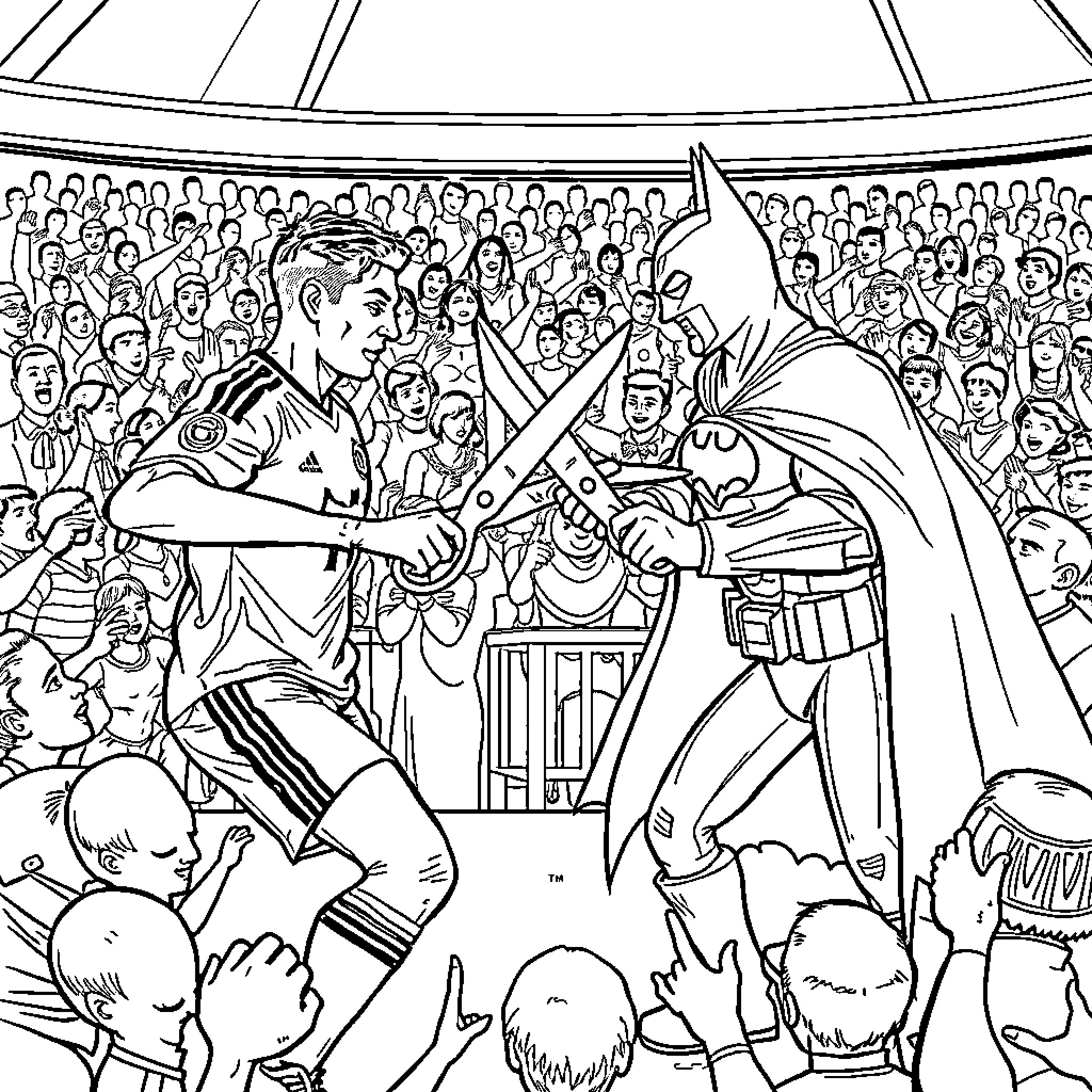 Ronaldo's Superhero Showdown in the Vibrant Stadium Coloring Page (free black-and-white line drawing printable PDF for all, from beginners to advanced learners, including children, teens, adults, and seniors)