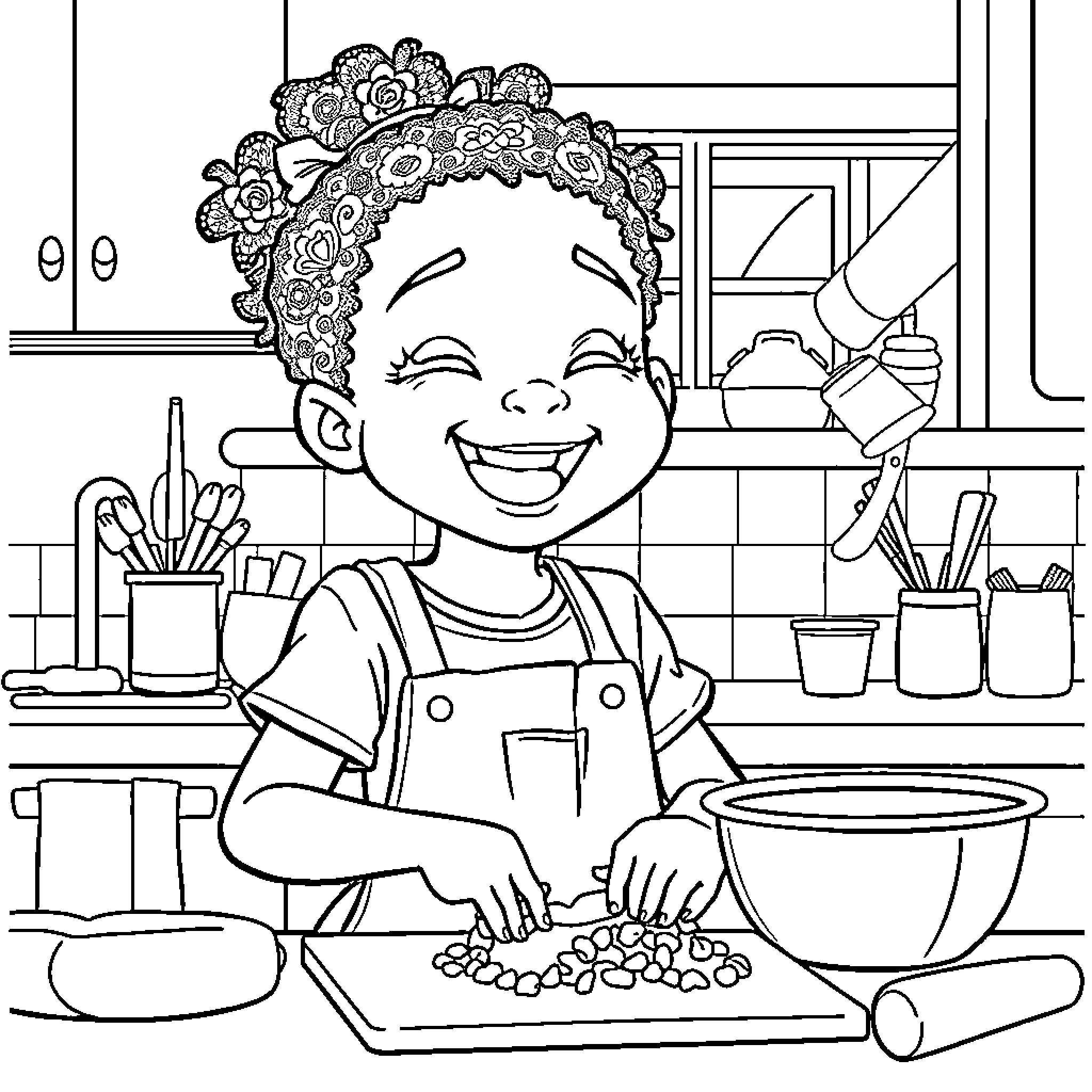 Girl Joyfully Cooking in the Kitchen Coloring Page (free black-and-white line drawing printable PDF for all, from beginners to advanced learners, including children, teens, adults, and seniors)