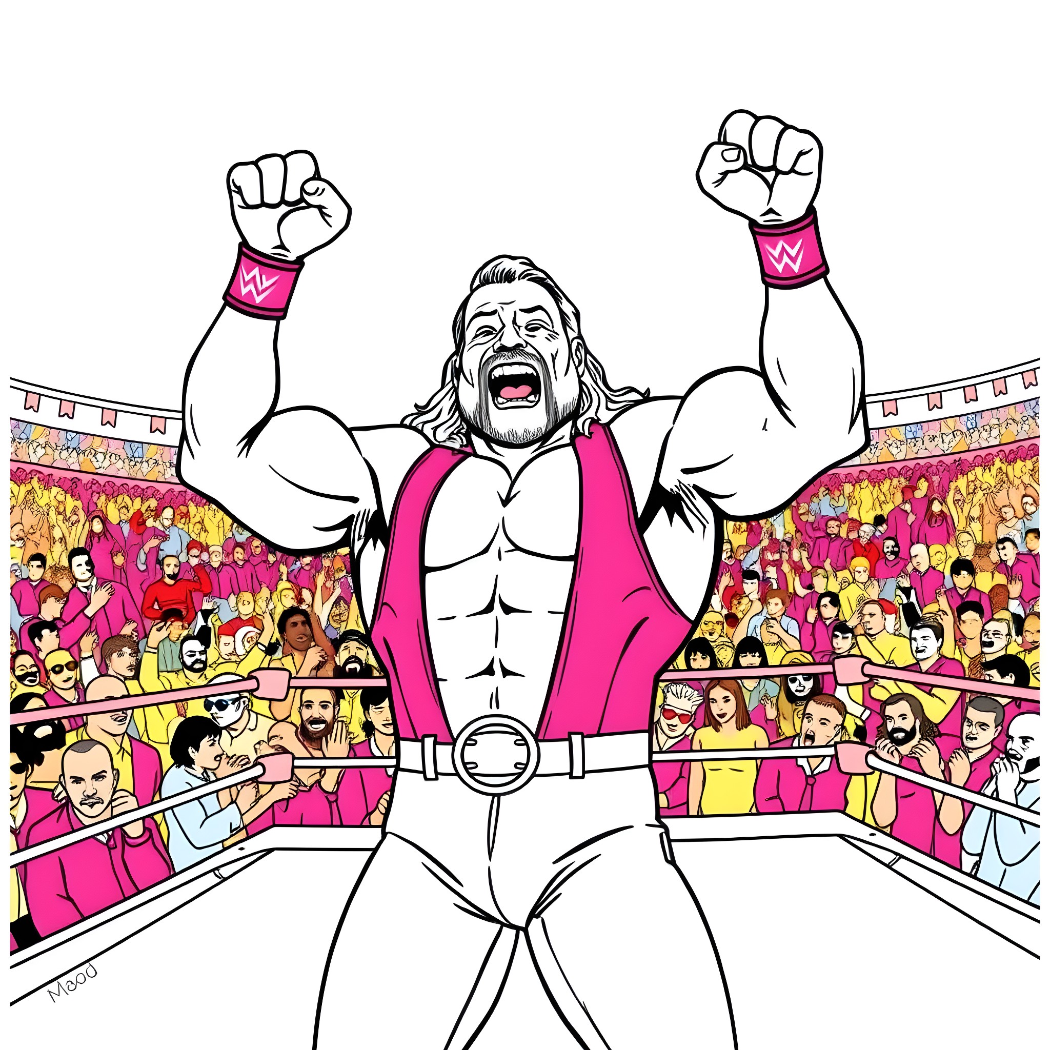 Randy Savage's Triumphant Entrance in the Wrestling Ring Coloring Page (free black-and-white line drawing printable PDF for all, from beginners to advanced learners, including children, teens, adults, and seniors)