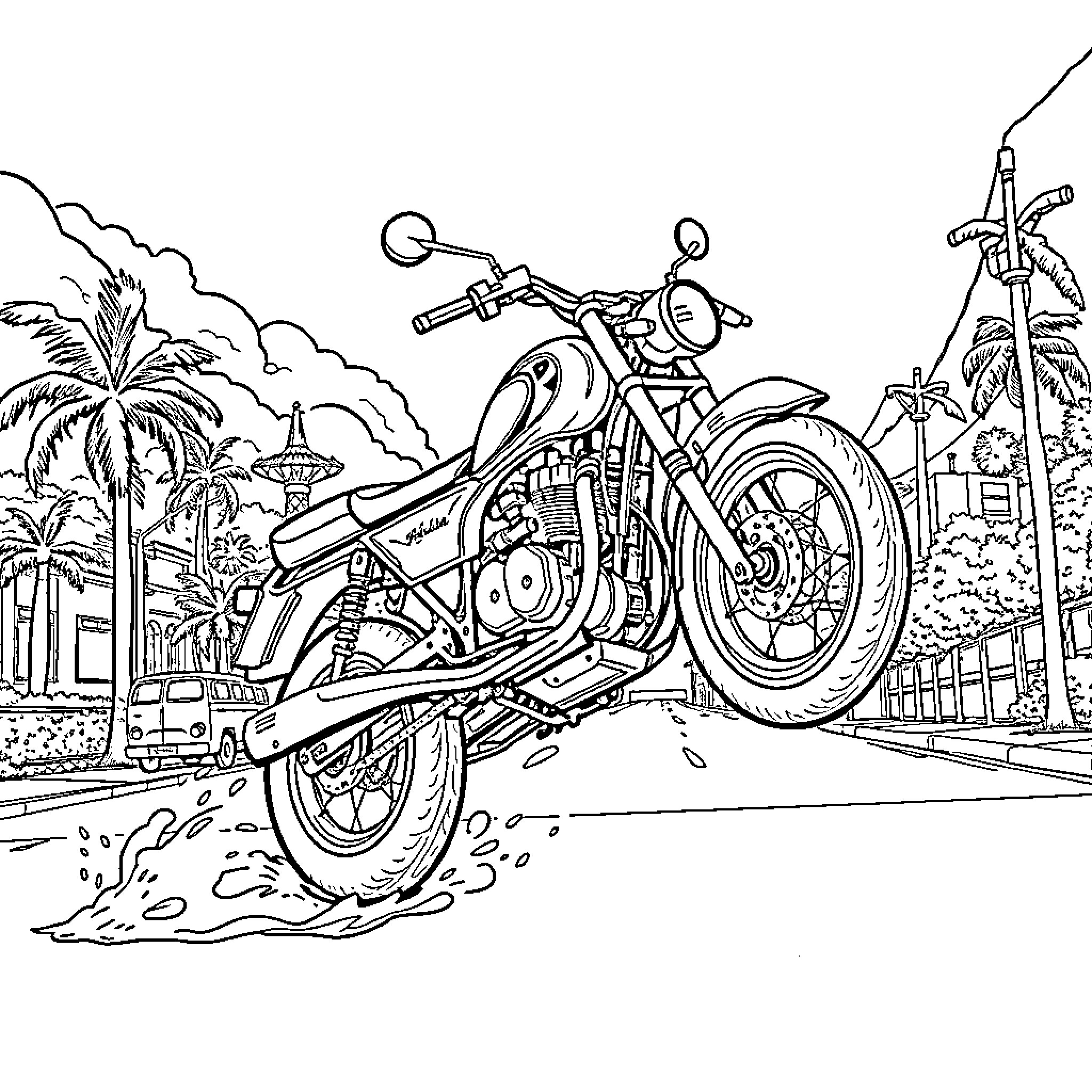 Honda Hobbit motorcycle in tropical paradise Coloring Page (free black-and-white line drawing printable PDF for all, from beginners to advanced learners, including children, teens, adults, and seniors)