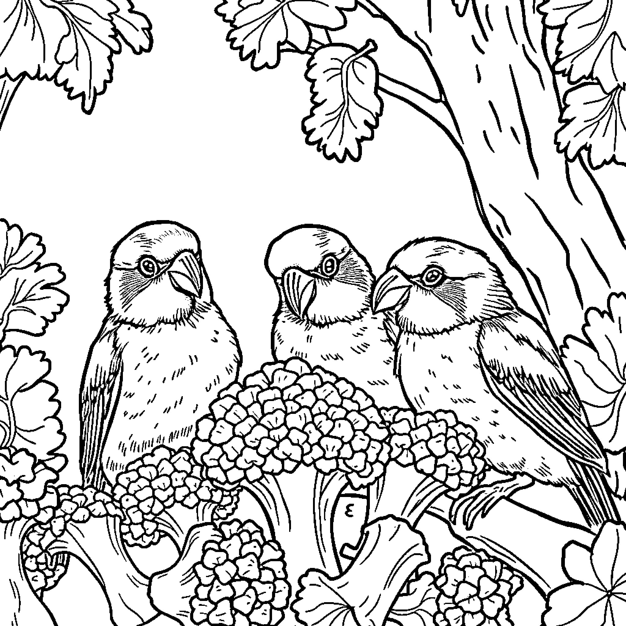 Bird trio perched on branch in forest Coloring Page (free black-and-white line drawing printable PDF for all, from beginners to advanced learners, including children, teens, adults, and seniors)