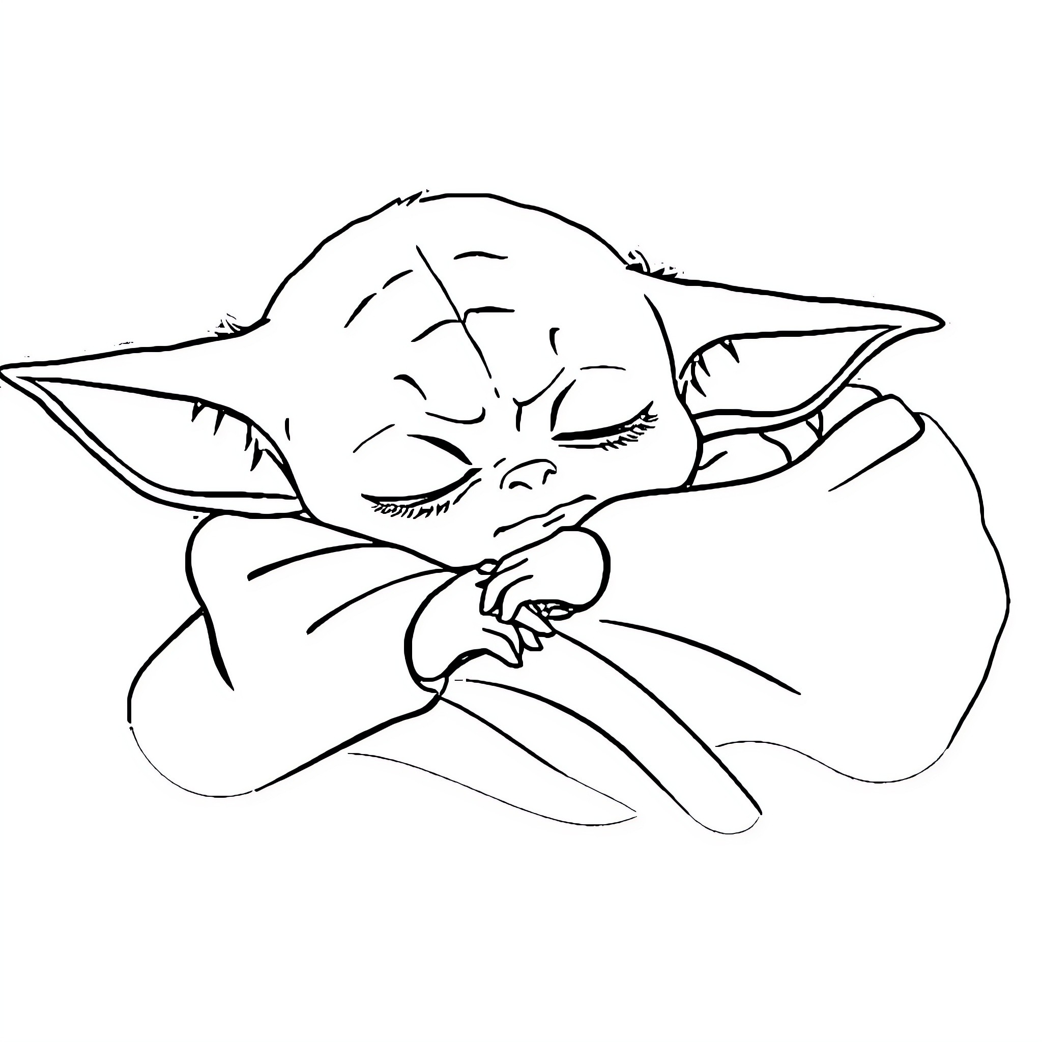 Baby Yoda resting peacefully Coloring Page (free black-and-white line drawing printable PDF for all, from beginners to advanced learners, including children, teens, adults, and seniors)