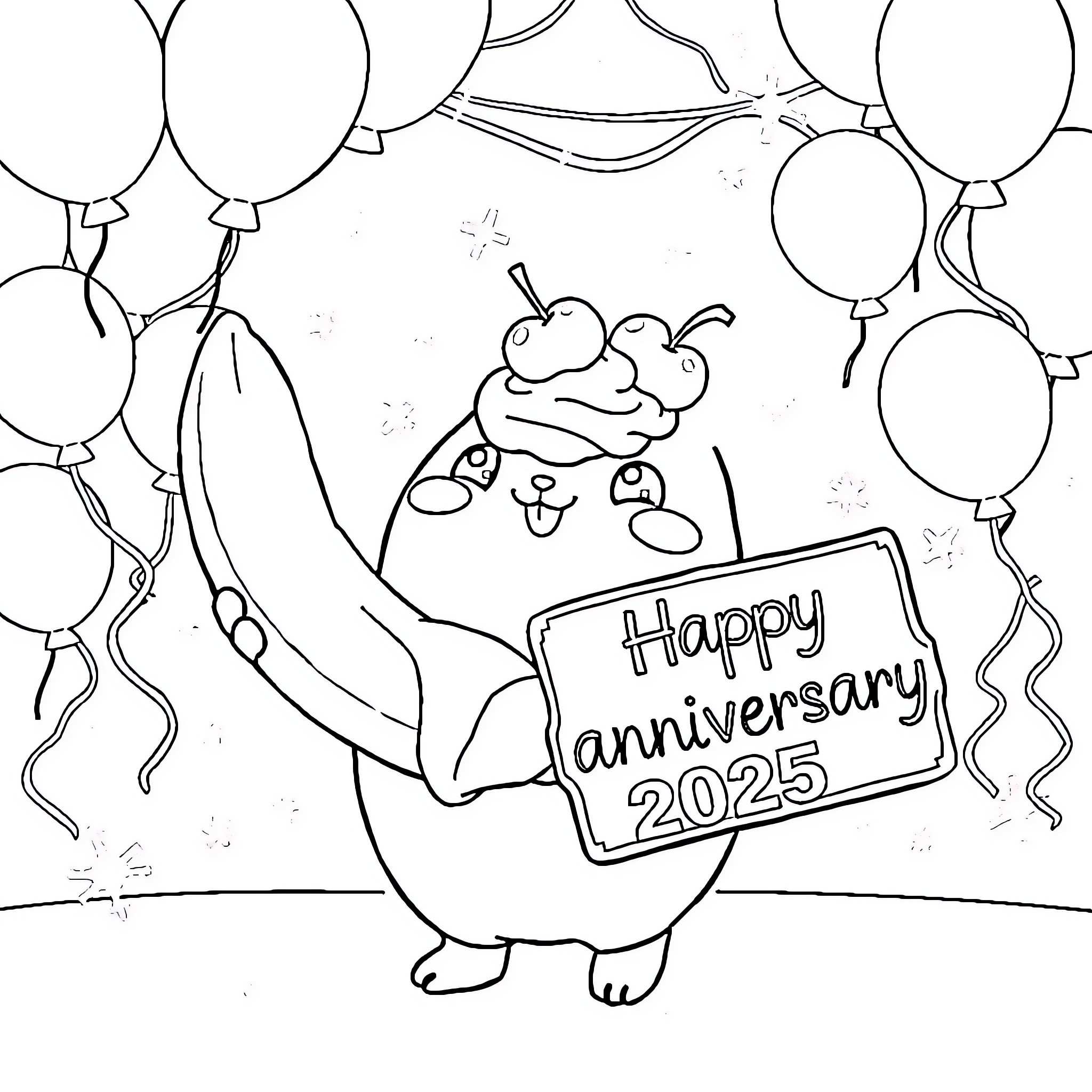 Pompompurin celebrating Happy Anniversary 2025 with balloons Coloring Page (free black-and-white line drawing printable PDF for all, from beginners to advanced learners, including children, teens, adults, and seniors)