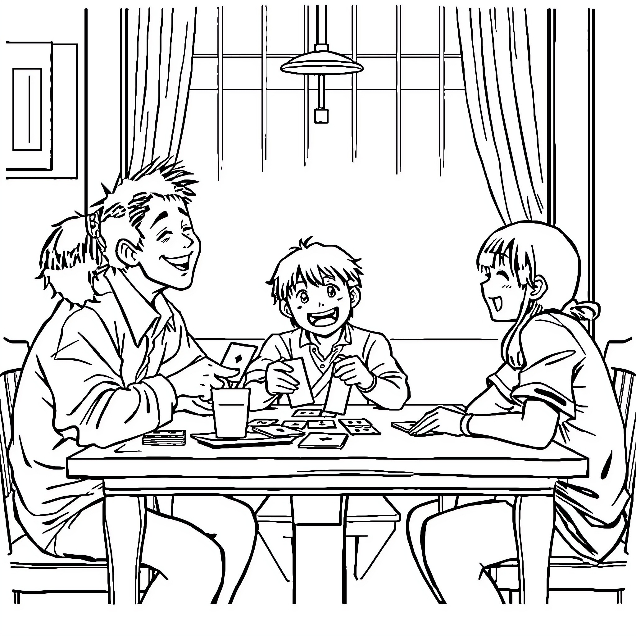 Satoru Goyo enjoying board game with friends Coloring Page (free black-and-white line drawing printable PDF for all, from beginners to advanced learners, including children, teens, adults, and seniors)