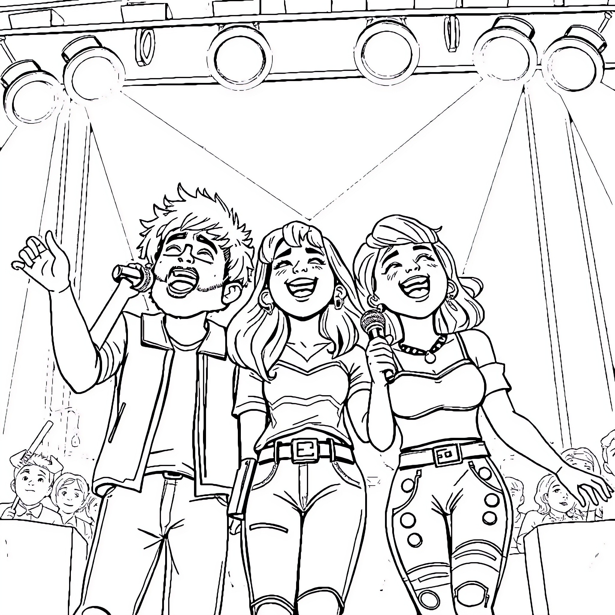 Huntrix Trio Performing on Stage Coloring Page (free black-and-white line drawing printable PDF for all, from beginners to advanced learners, including children, teens, adults, and seniors)