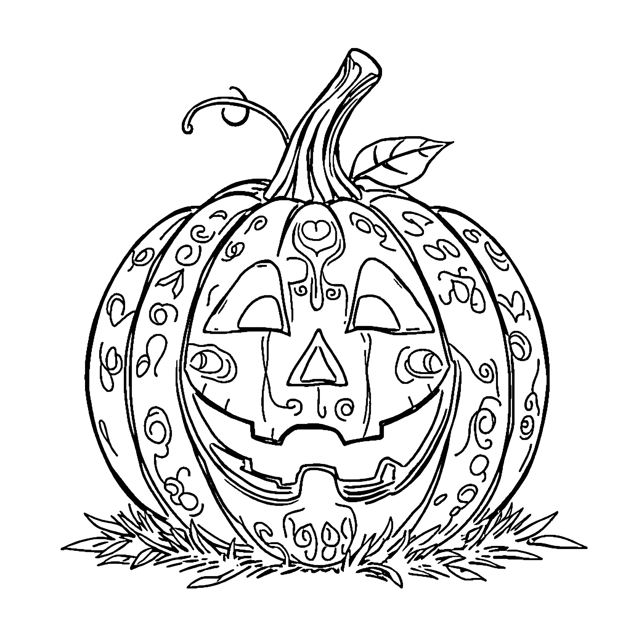 Pony carved pumpkin with intricate designs Coloring Page (free black-and-white line drawing printable PDF for all, from beginners to advanced learners, including children, teens, adults, and seniors)