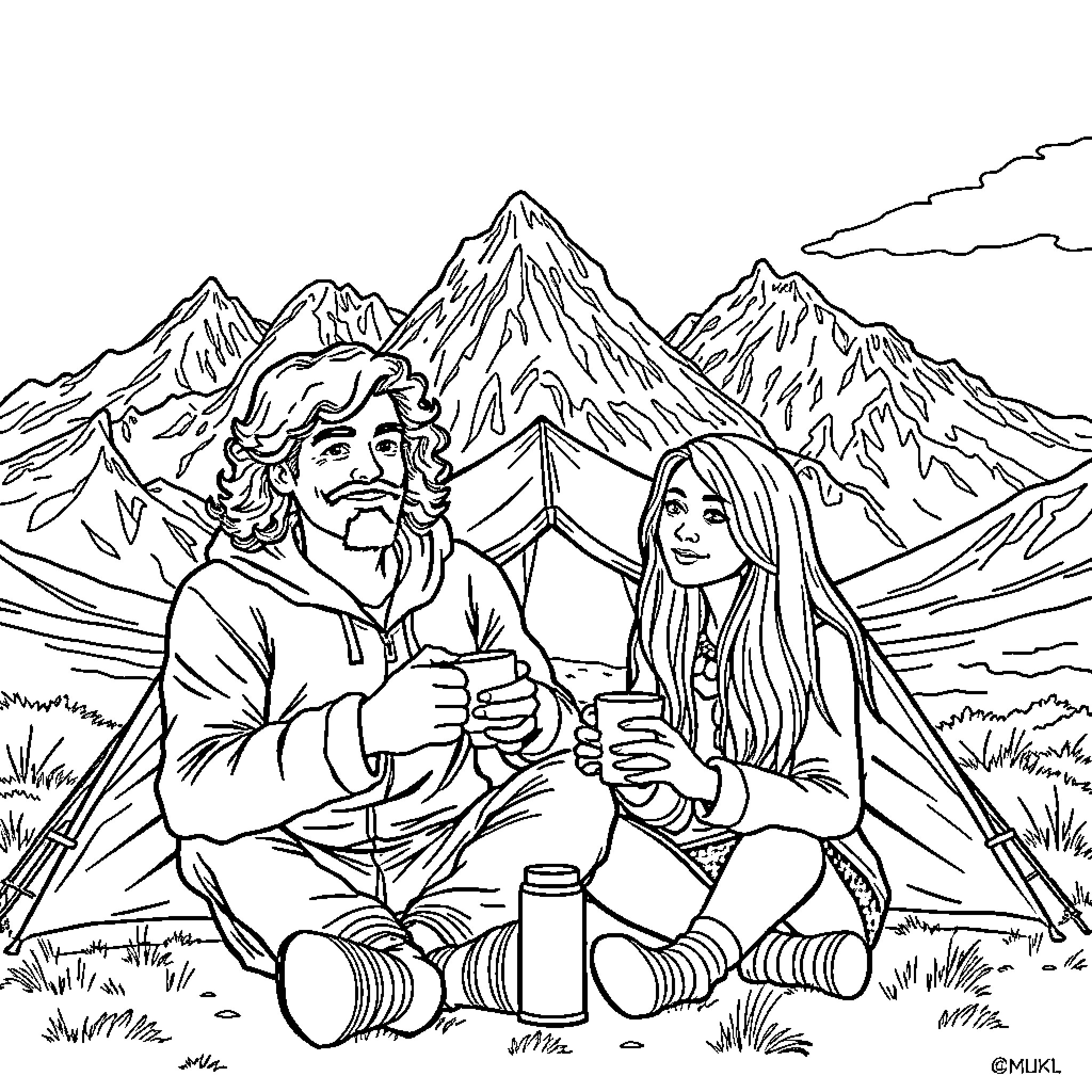 Couple Enjoying Outdoor Adventure in the Mountains Coloring Page (free black-and-white line drawing printable PDF for all, from beginners to advanced learners, including children, teens, adults, and seniors)