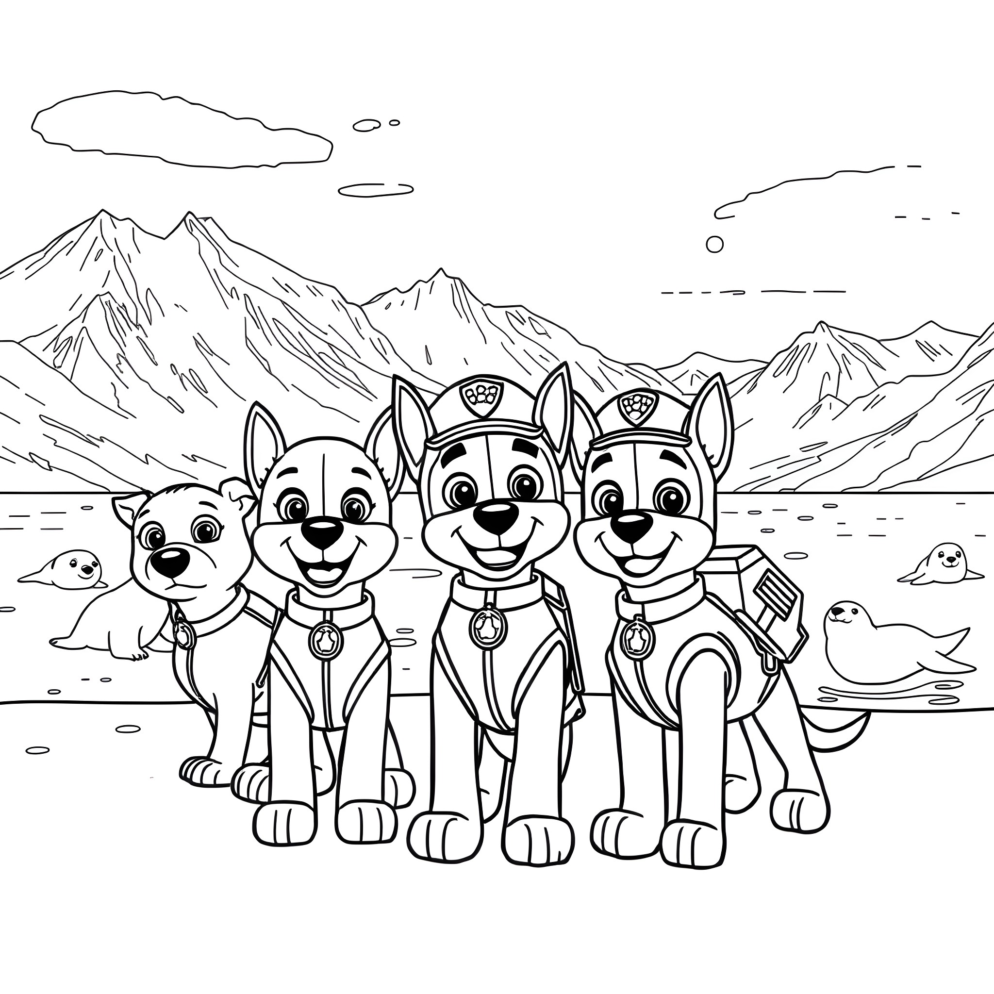 Paw Patrol Pups in Outdoor Adventure Coloring Page (free black-and-white line drawing printable PDF for all, from beginners to advanced learners, including children, teens, adults, and seniors)