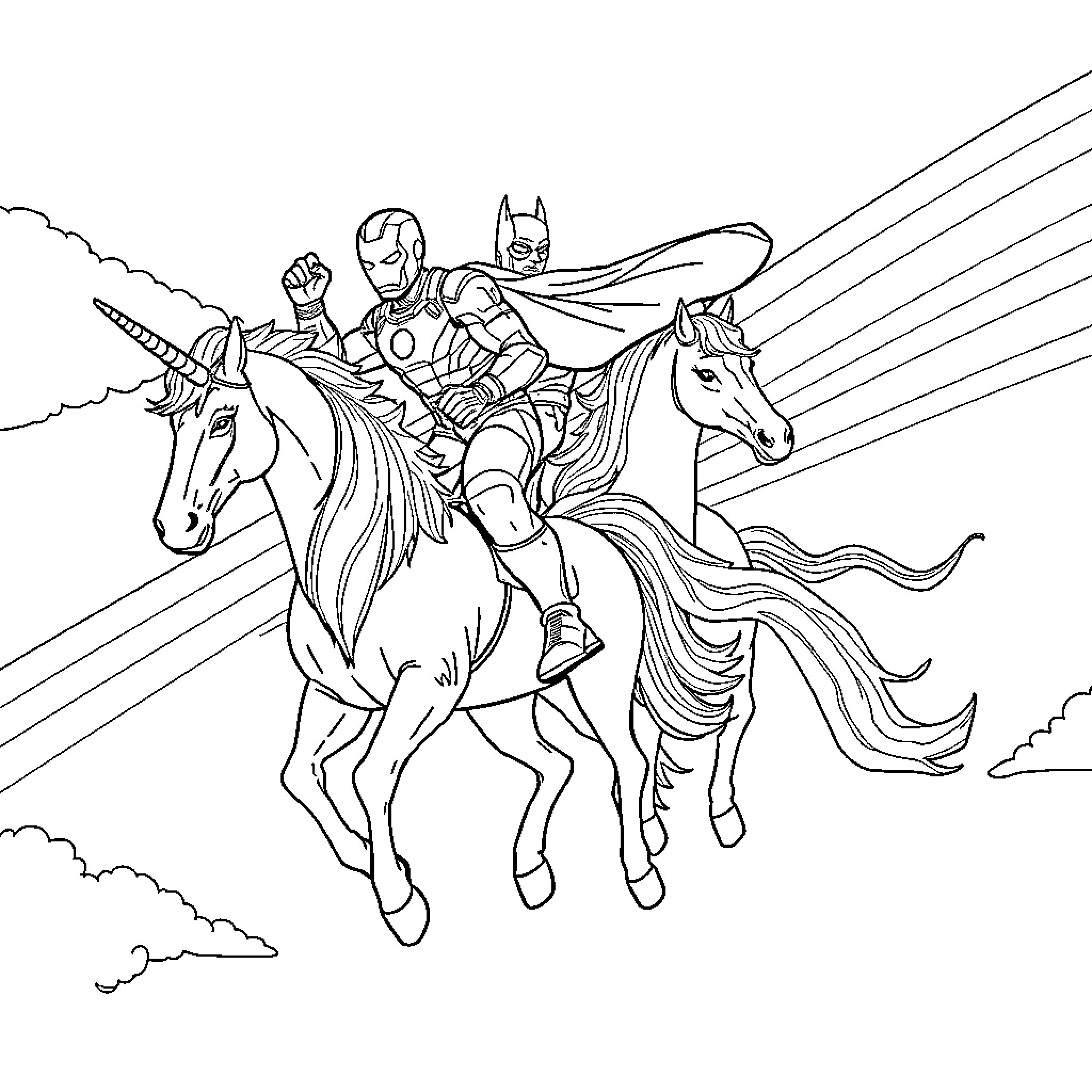 Unicorn Superheroes Riding into Battle Coloring Page (free black-and-white line drawing printable PDF for all, from beginners to advanced learners, including children, teens, adults, and seniors)
