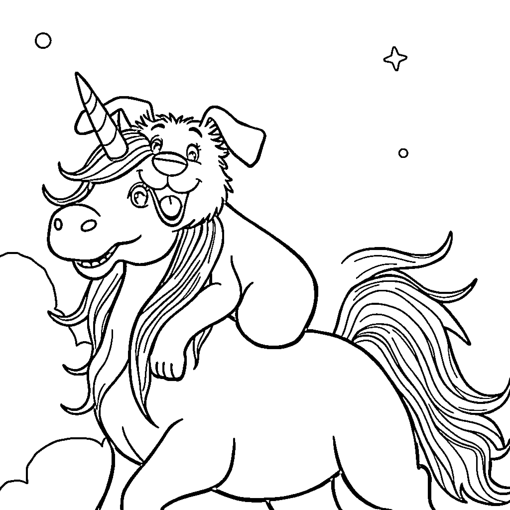 Bingo: Joyful unicorn in a whimsical scene Coloring Page (free black-and-white line drawing printable PDF for all, from beginners to advanced learners, including children, teens, adults, and seniors)