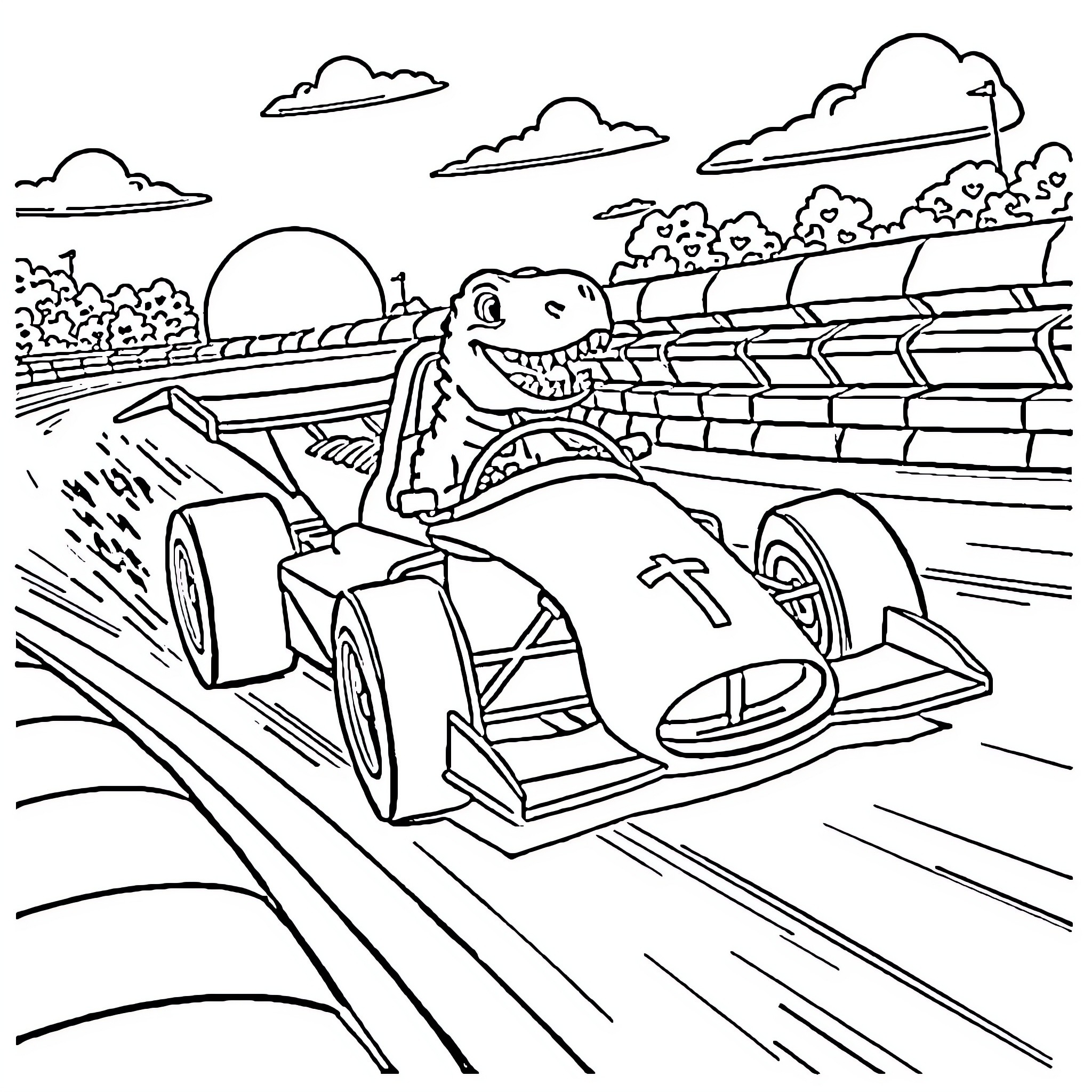 Racing Car on the Track with Cartoon Character Coloring Page (free black-and-white line drawing printable PDF for all, from beginners to advanced learners, including children, teens, adults, and seniors)