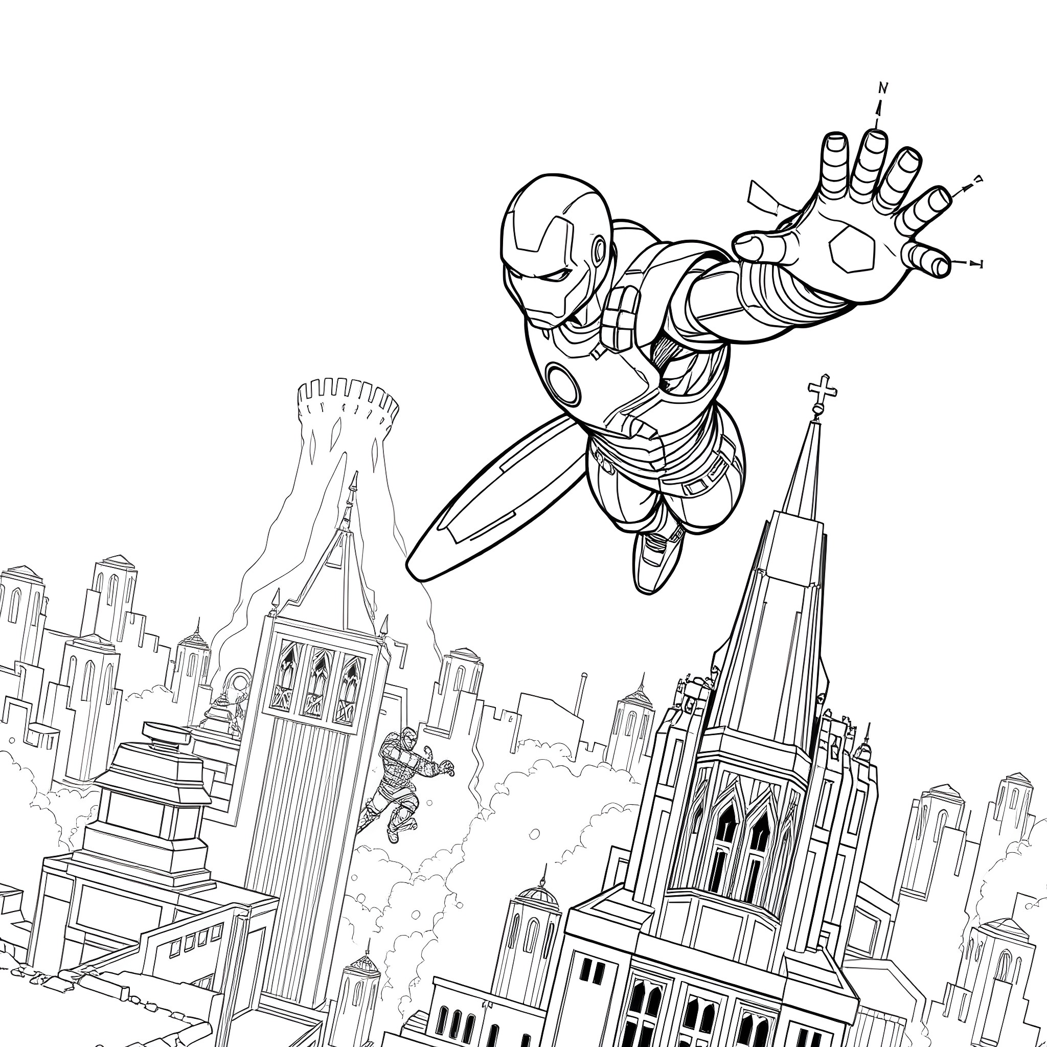 Iron Man soaring over the city Coloring Page (free black-and-white line drawing printable PDF for all, from beginners to advanced learners, including children, teens, adults, and seniors)