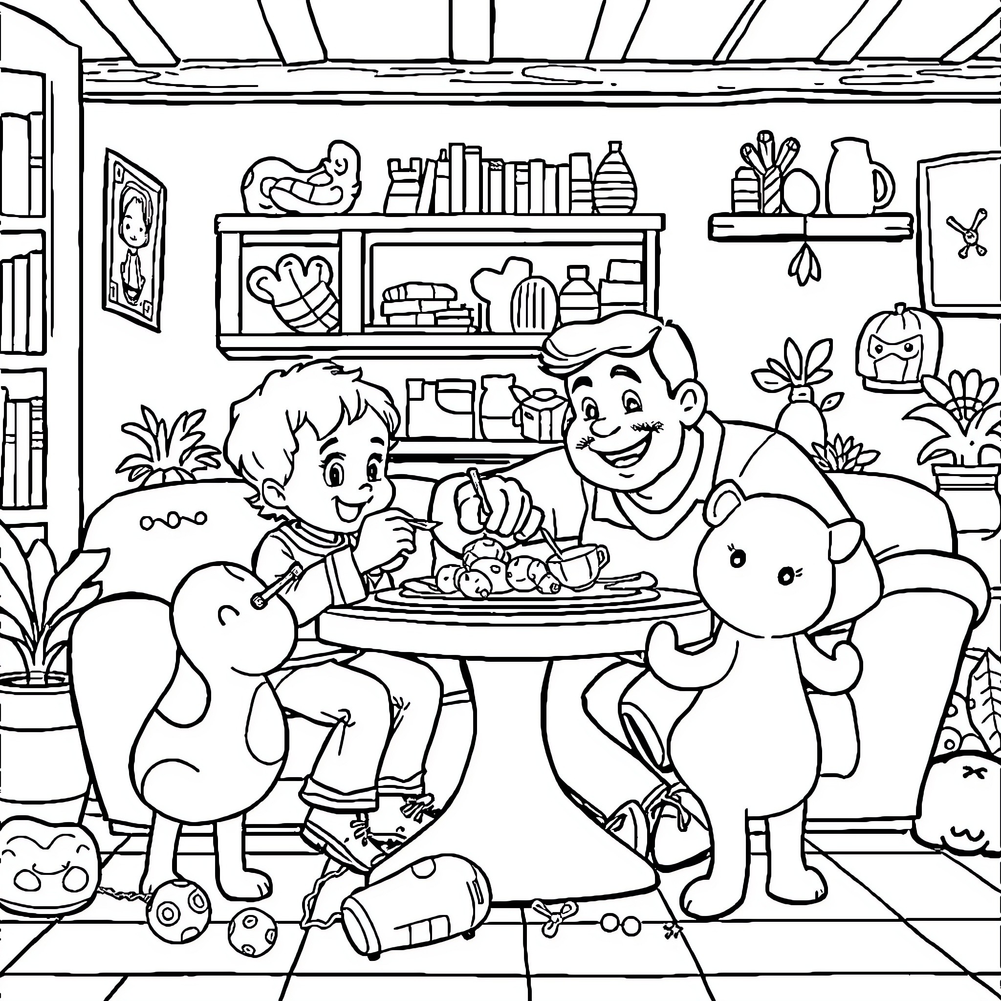 Niño playing happily with toys in the cozy room Coloring Page (free black-and-white line drawing printable PDF for all, from beginners to advanced learners, including children, teens, adults, and seniors)
