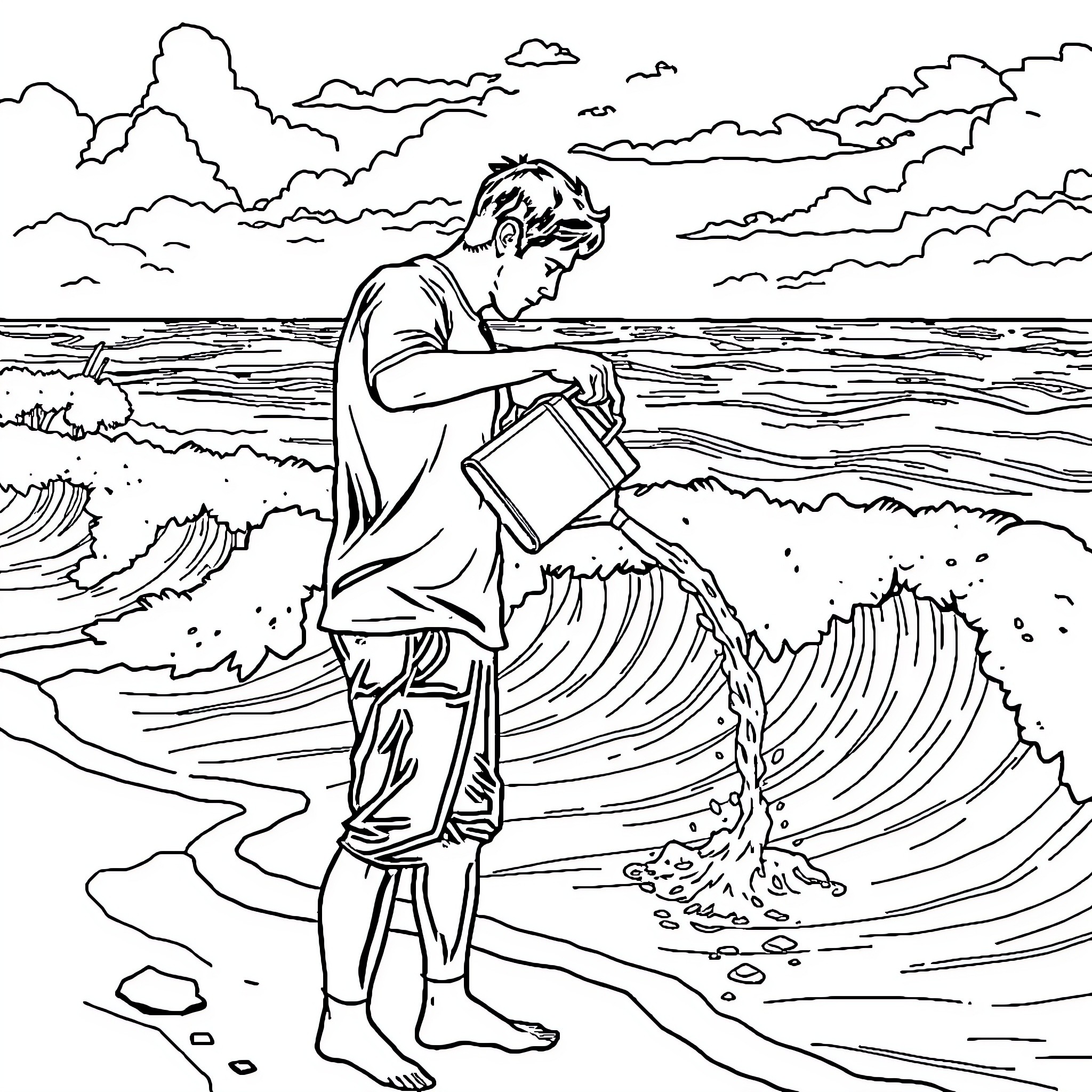 Man standing in the waves contemplatively Coloring Page (free black-and-white line drawing printable PDF for all, from beginners to advanced learners, including children, teens, adults, and seniors)