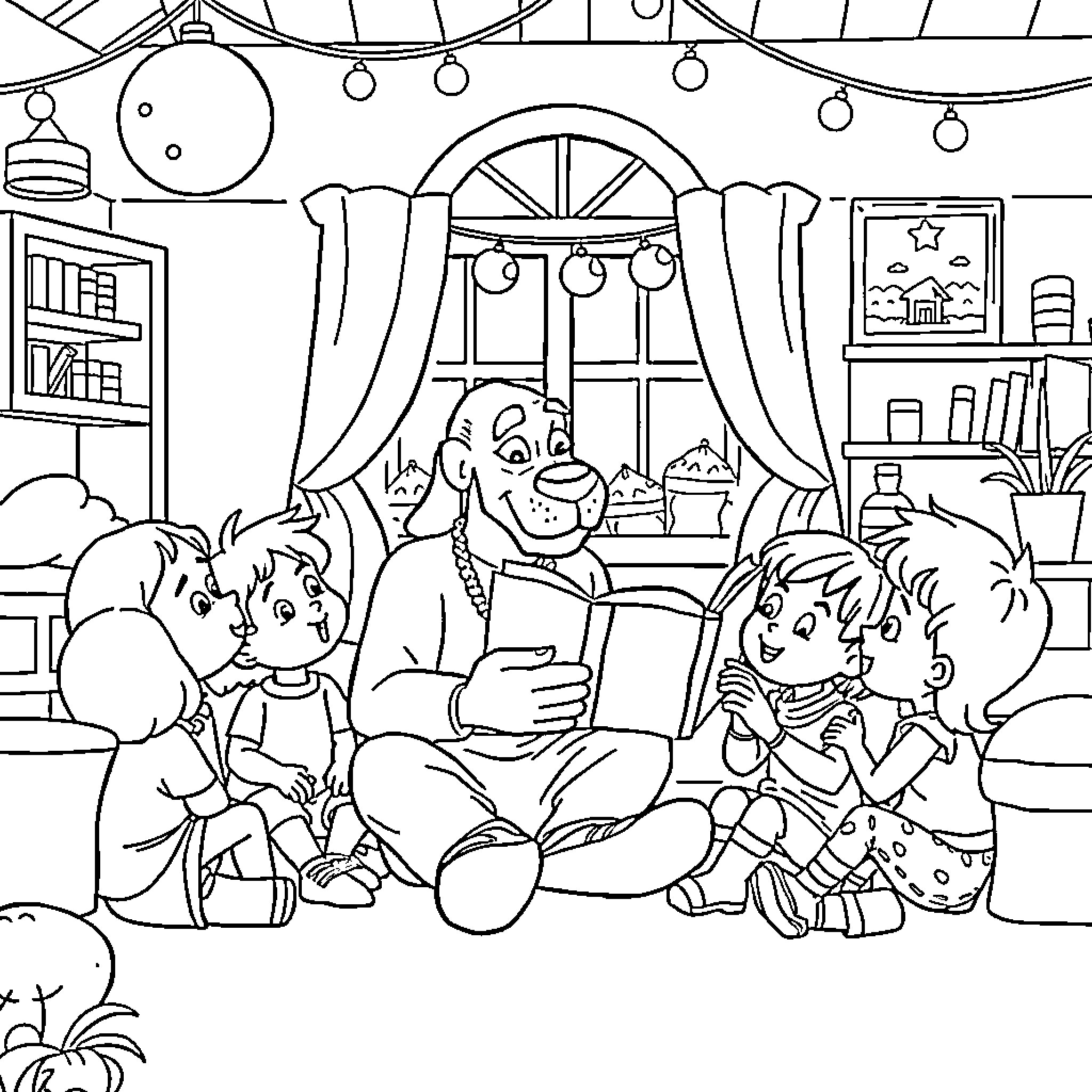 Snoop Dog reads to happy children in cozy living room Coloring Page (free black-and-white line drawing printable PDF for all, from beginners to advanced learners, including children, teens, adults, and seniors)