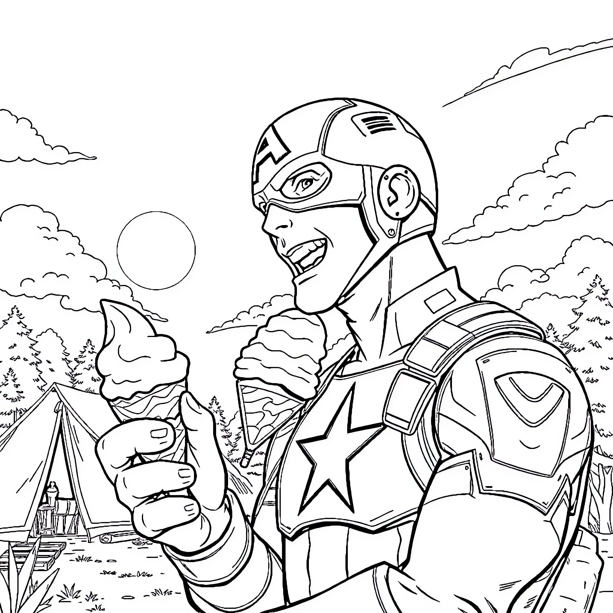 Captain America on an outdoor adventure Coloring Page (free black-and-white line drawing printable PDF for all, from beginners to advanced learners, including children, teens, adults, and seniors)