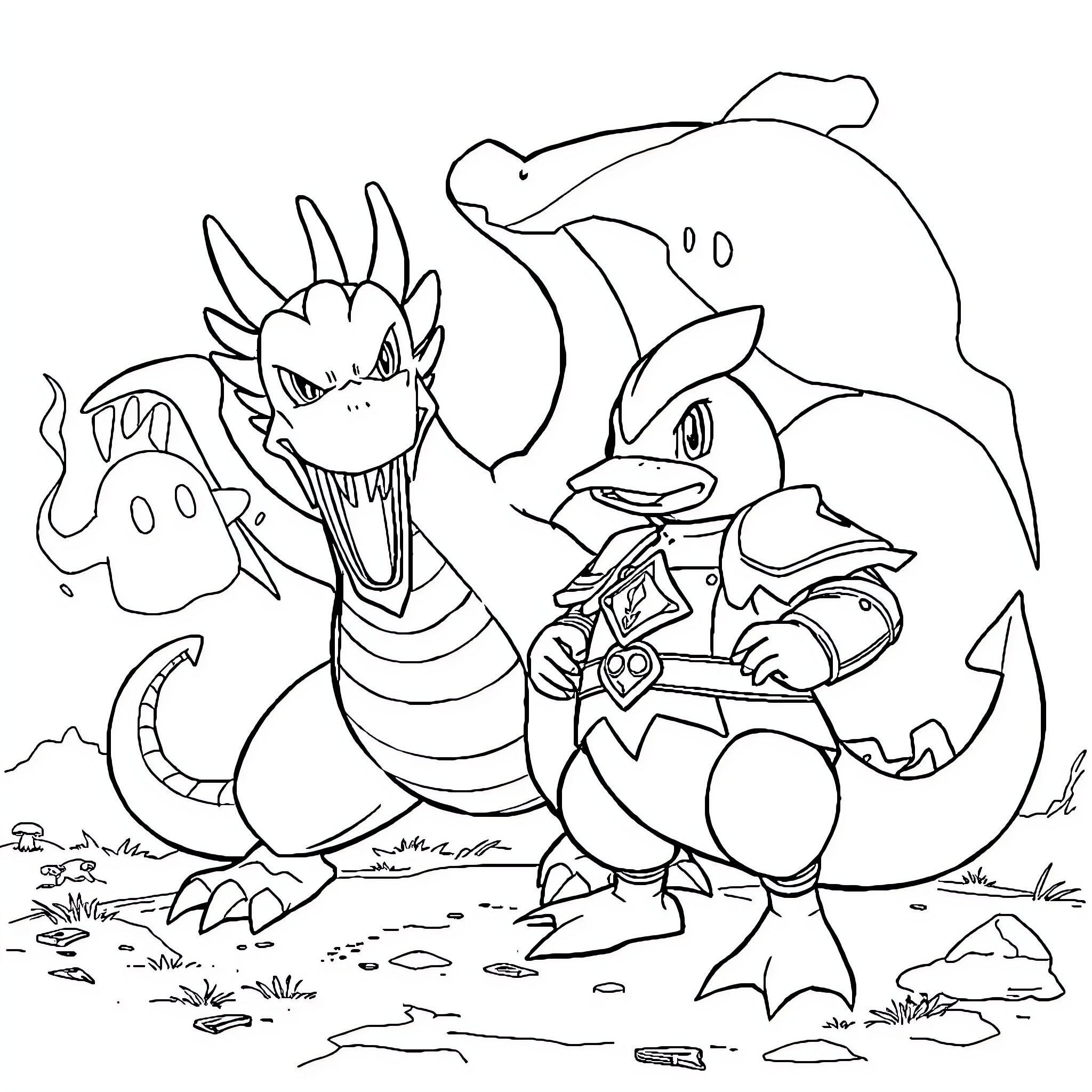 Psyduck and Croconaw adventure in nature Coloring Page (free black-and-white line drawing printable PDF for all, from beginners to advanced learners, including children, teens, adults, and seniors)