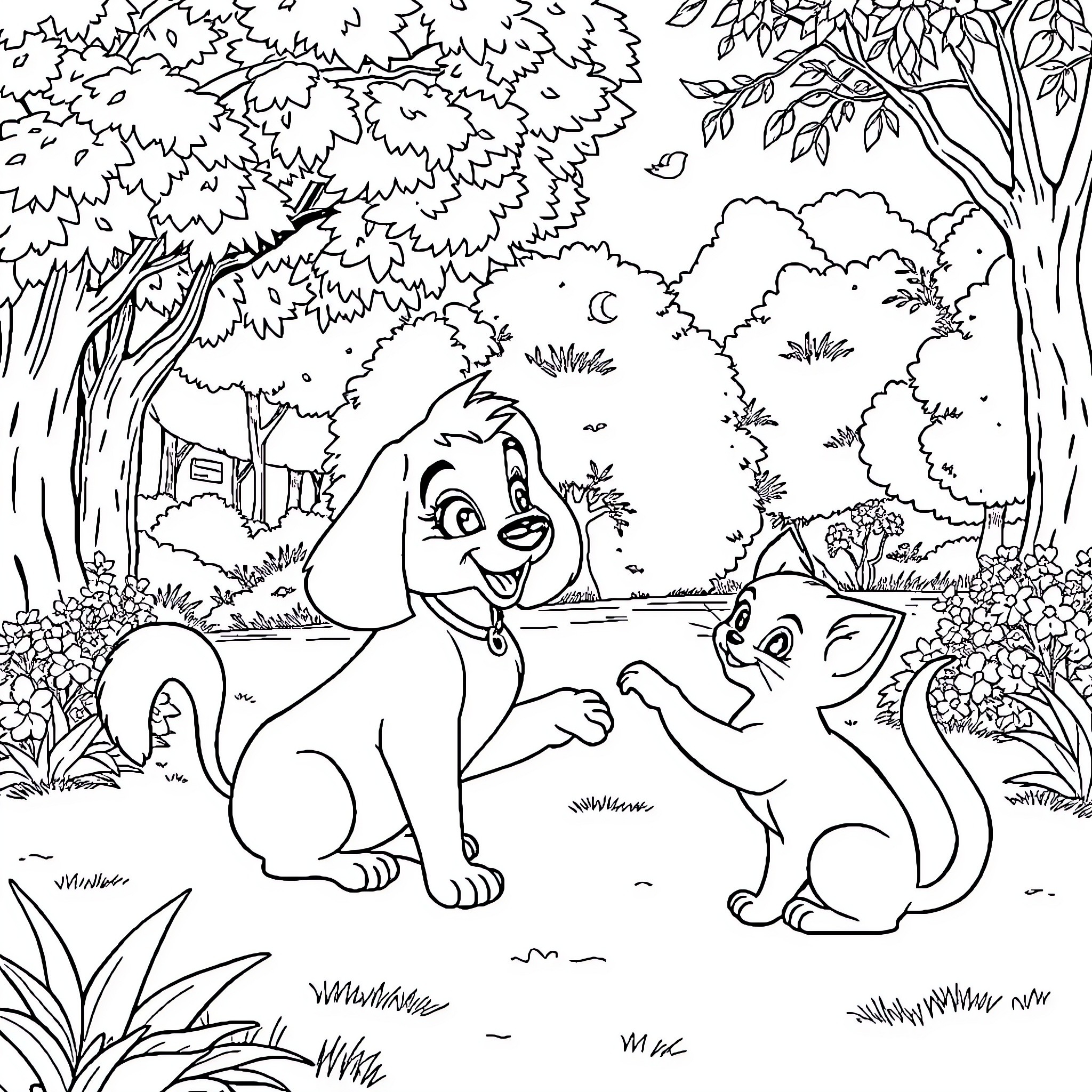Lady Companions Explore Vibrant Forest Landscape Coloring Page (free black-and-white line drawing printable PDF for all, from beginners to advanced learners, including children, teens, adults, and seniors)