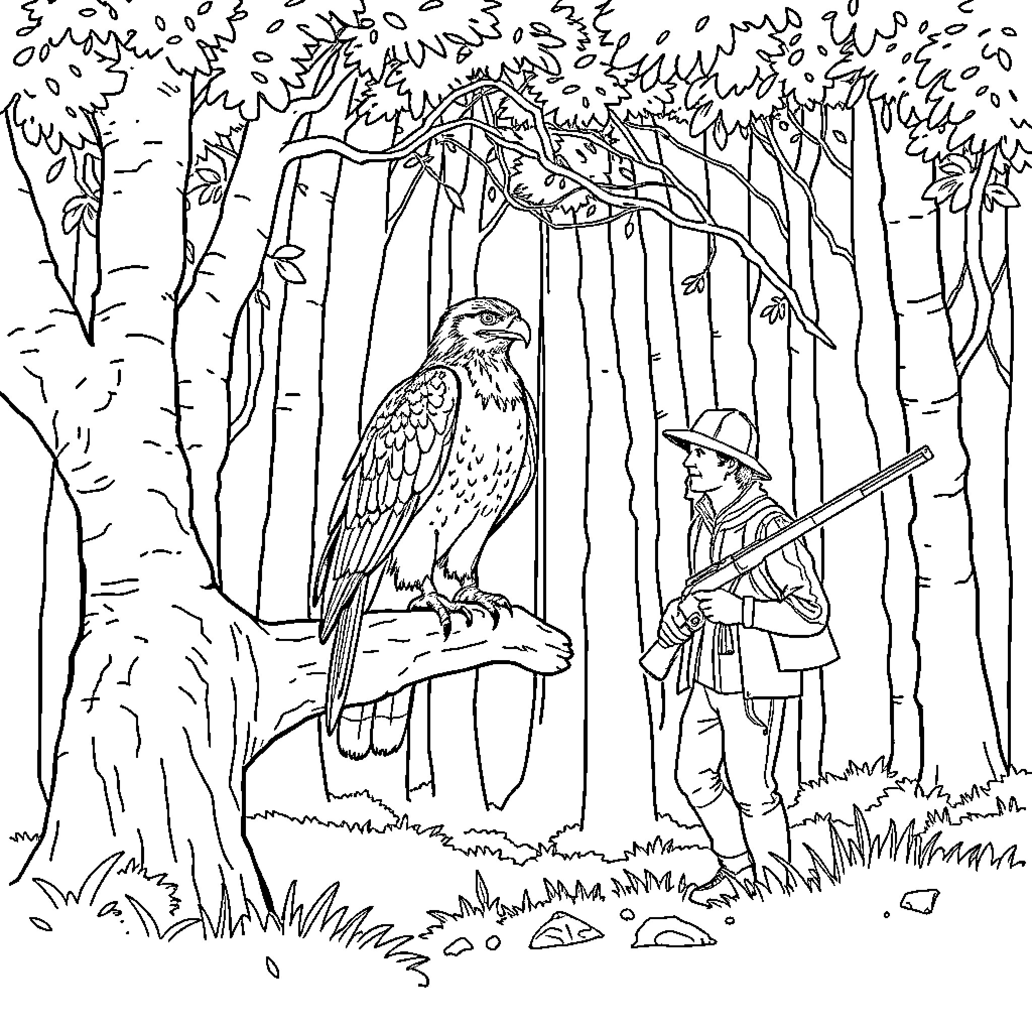 Hawk perched in the woods with a hunter Coloring Page (free black-and-white line drawing printable PDF for all, from beginners to advanced learners, including children, teens, adults, and seniors)