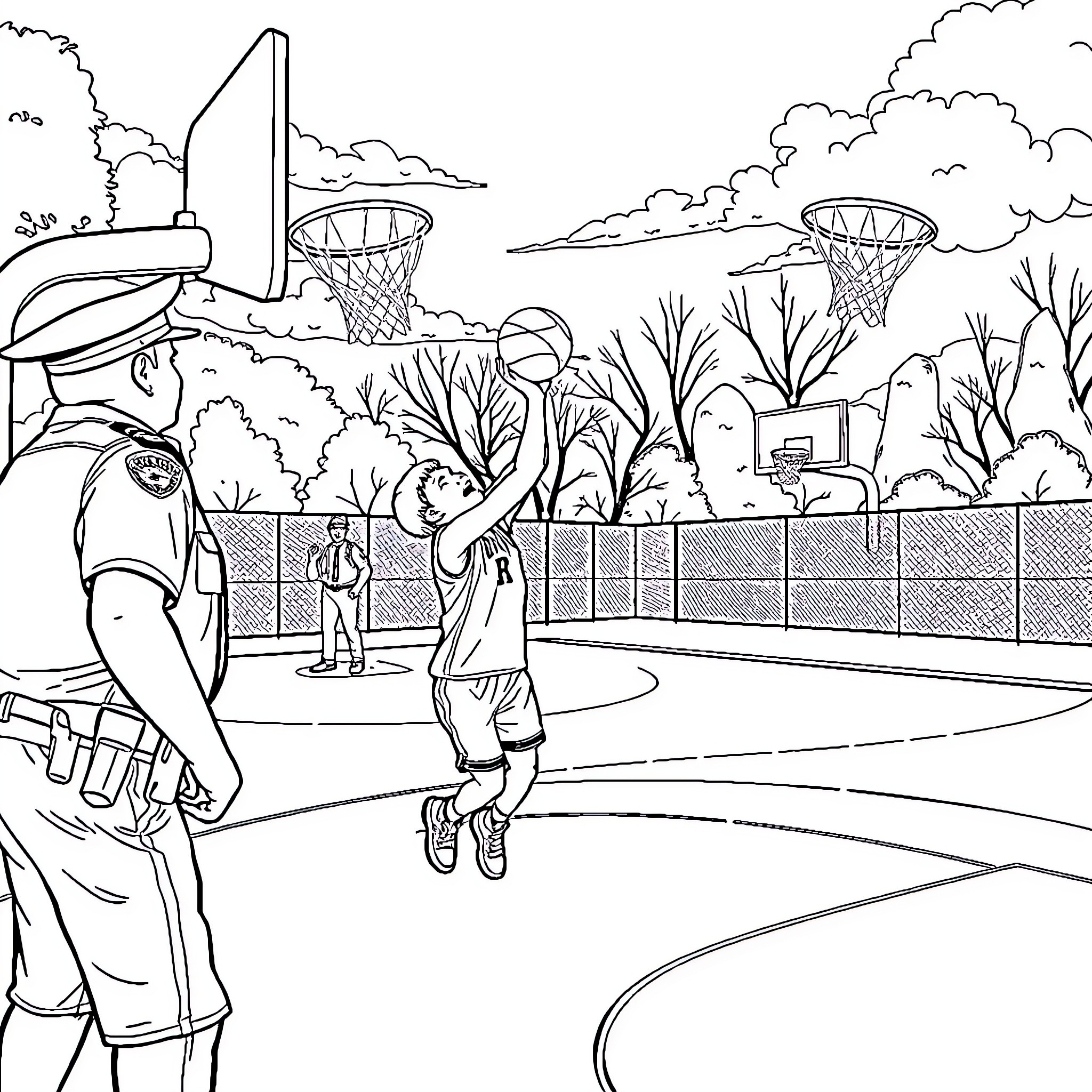 Gavin playing basketball in the outdoor court Coloring Page (free black-and-white line drawing printable PDF for all, from beginners to advanced learners, including children, teens, adults, and seniors)