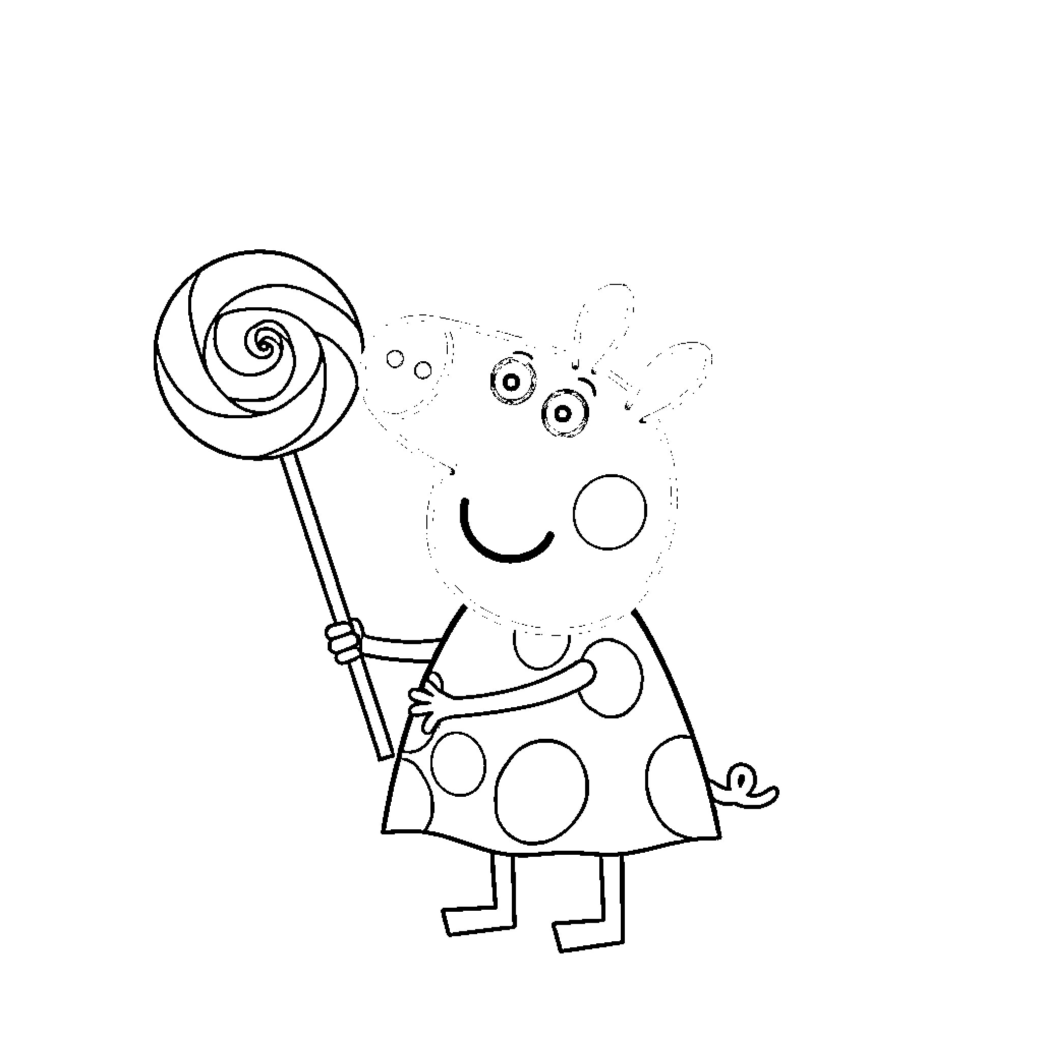 Peppa Pig holding a lollipop Coloring Page (free black-and-white line drawing printable PDF for all, from beginners to advanced learners, including children, teens, adults, and seniors)