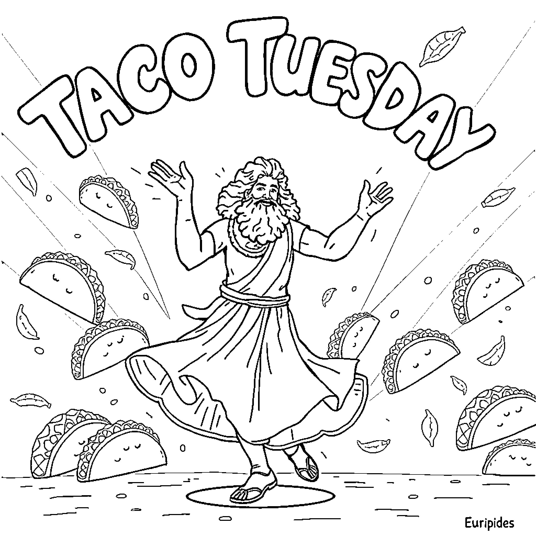 Euripides' Taco Tuesday Celebration Coloring Page (free black-and-white line drawing printable PDF for all, from beginners to advanced learners, including children, teens, adults, and seniors)