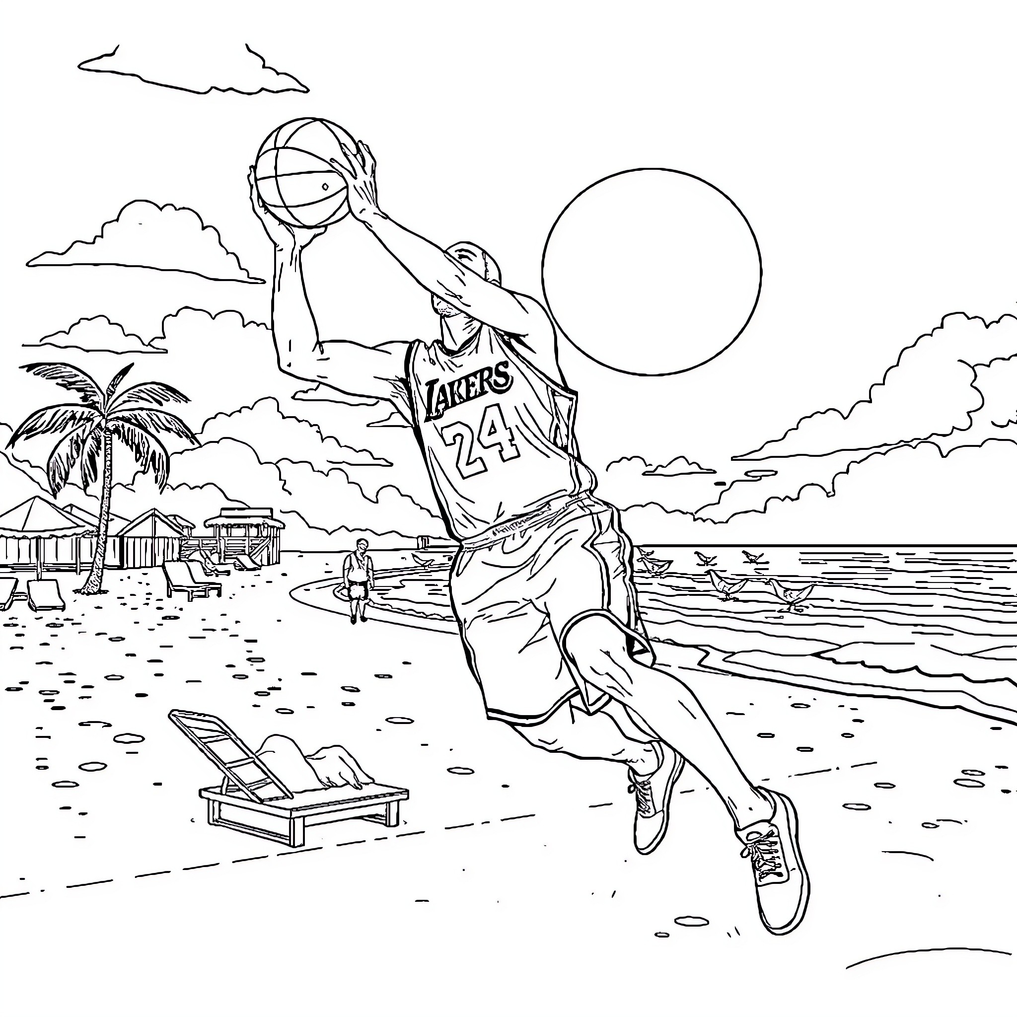 Kobe Bryant playing basketball on a tropical beach Coloring Page (free black-and-white line drawing printable PDF for all, from beginners to advanced learners, including children, teens, adults, and seniors)