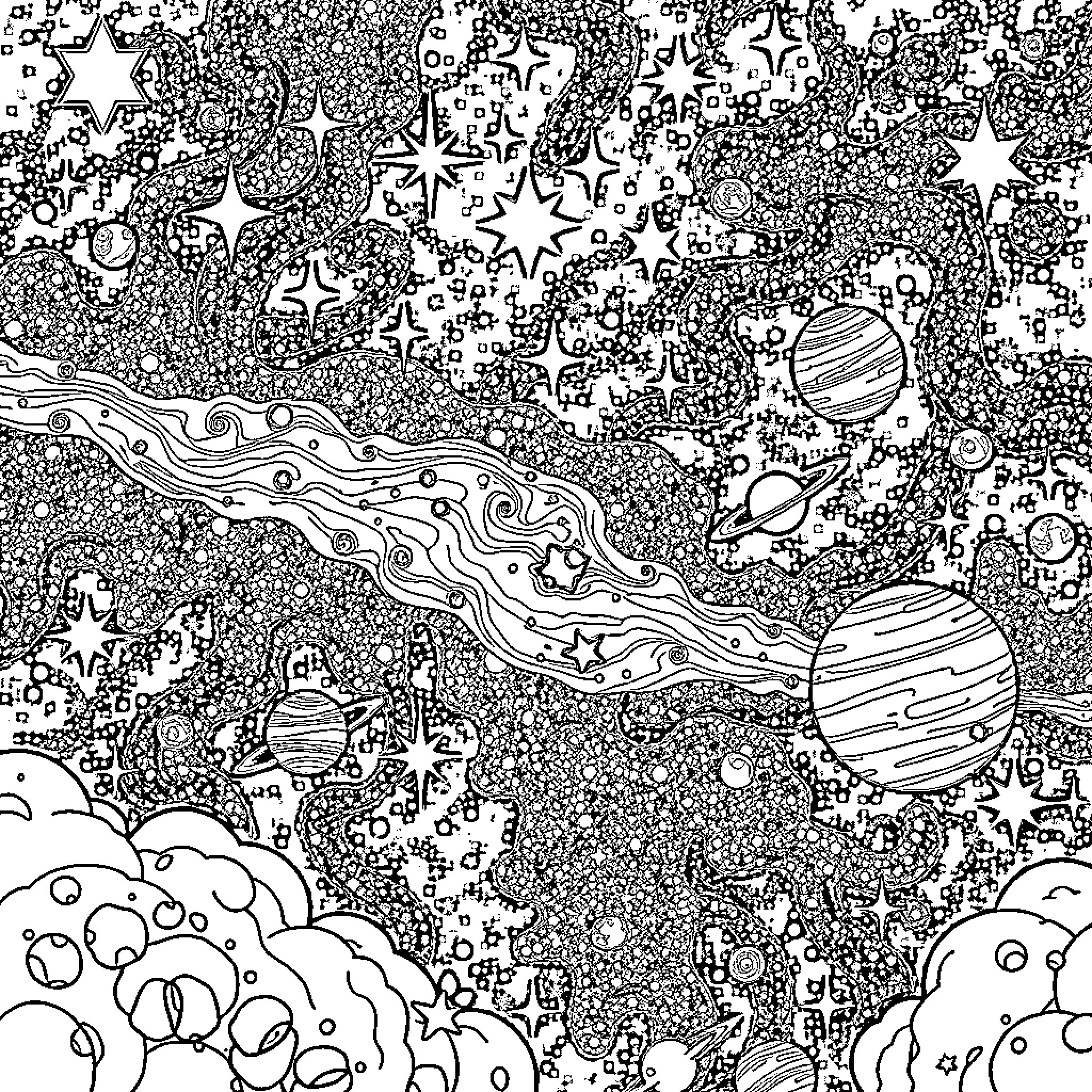 Universe of Celestial Wonders and Cosmic Exploration Coloring Page (free black-and-white line drawing printable PDF for all, from beginners to advanced learners, including children, teens, adults, and seniors)