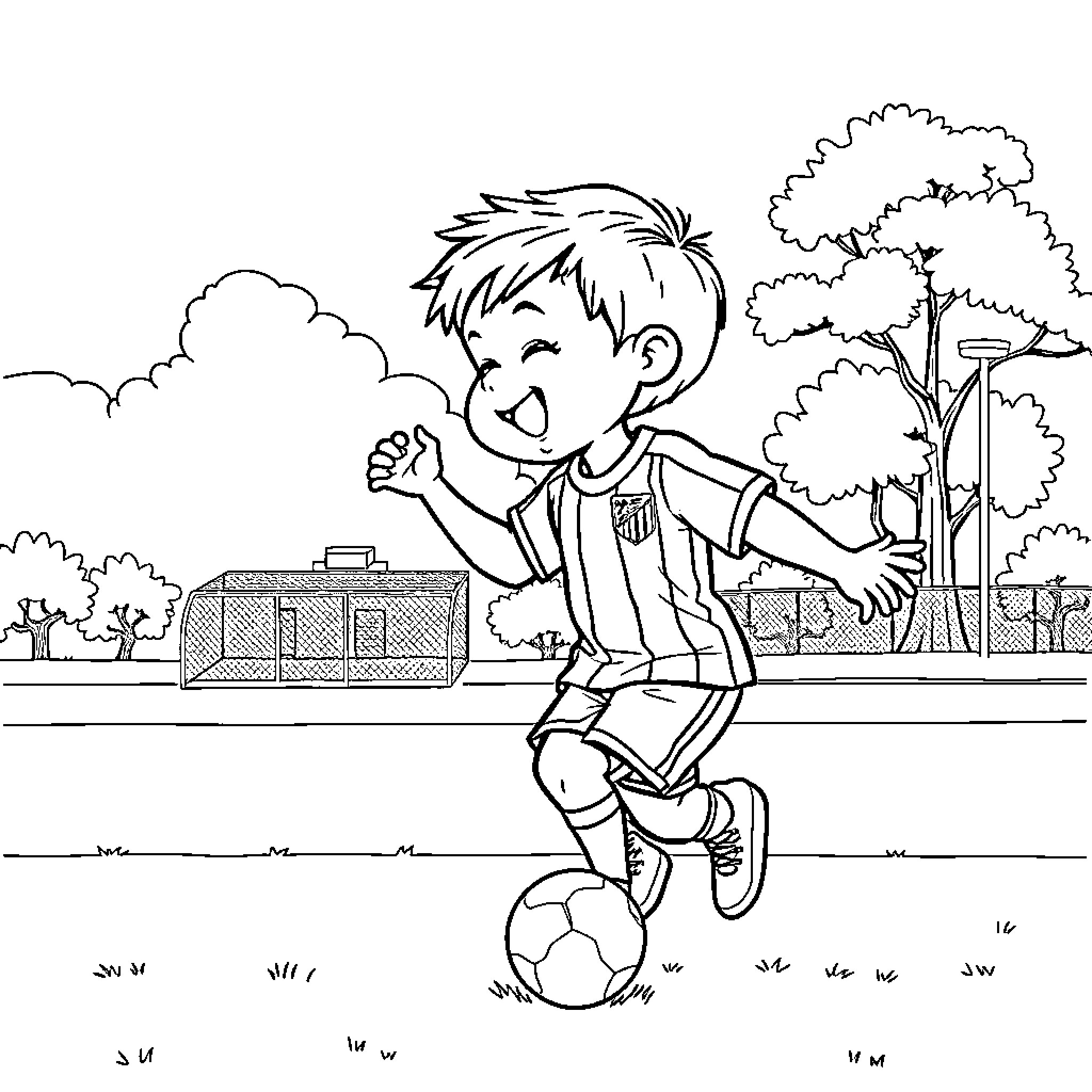 Niño playing soccer happily in the park Coloring Page (free black-and-white line drawing printable PDF for all, from beginners to advanced learners, including children, teens, adults, and seniors)