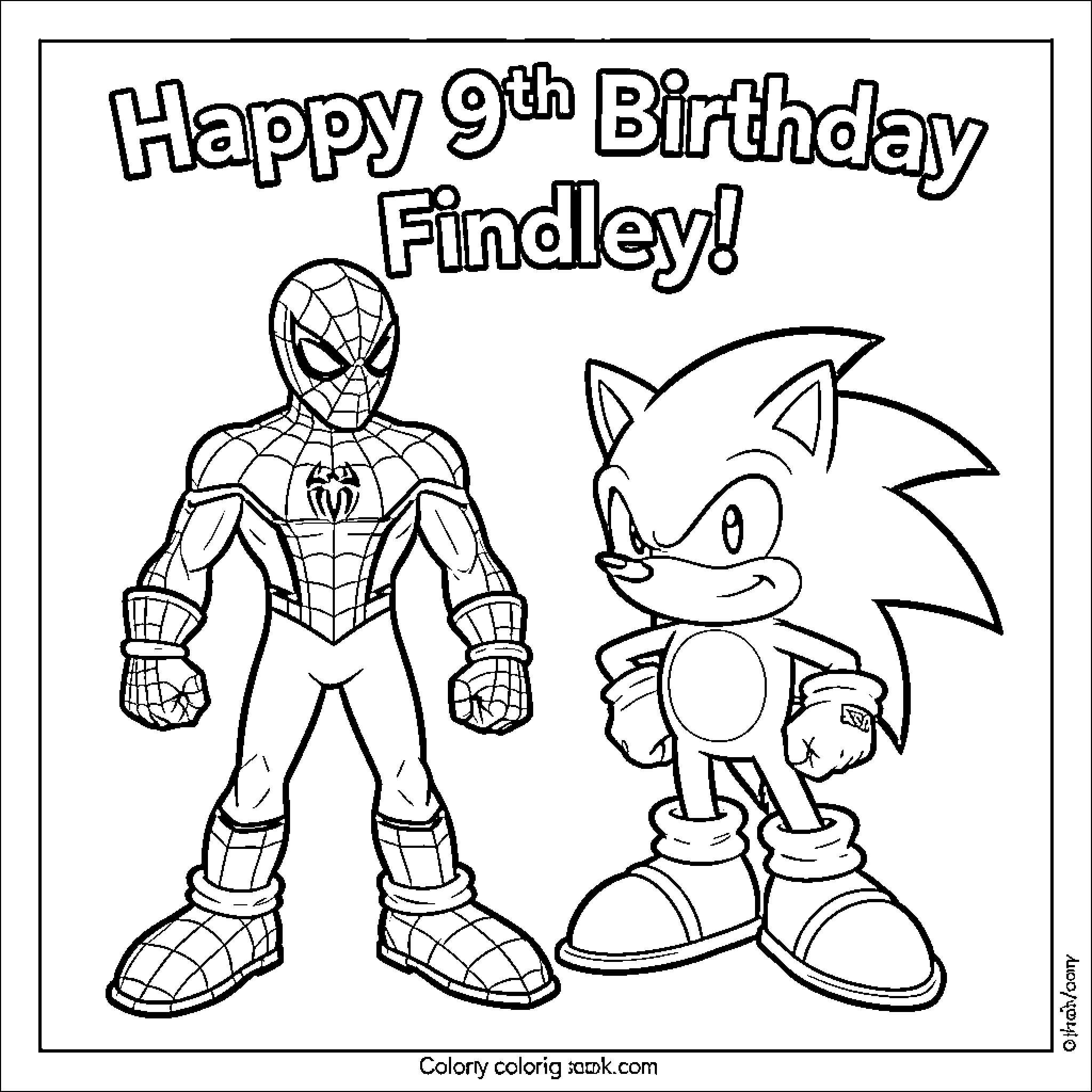 Sonic and Spider-Man standing side by side Coloring Page (free black-and-white line drawing printable PDF for all, from beginners to advanced learners, including children, teens, adults, and seniors)